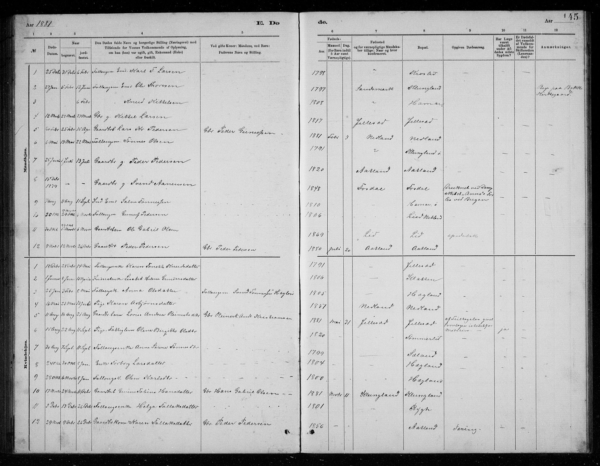 Bakke sokneprestkontor, SAK/1111-0002/F/Fb/Fbb/L0003: Parish register (copy) no. B 3, 1878-1896, p. 145