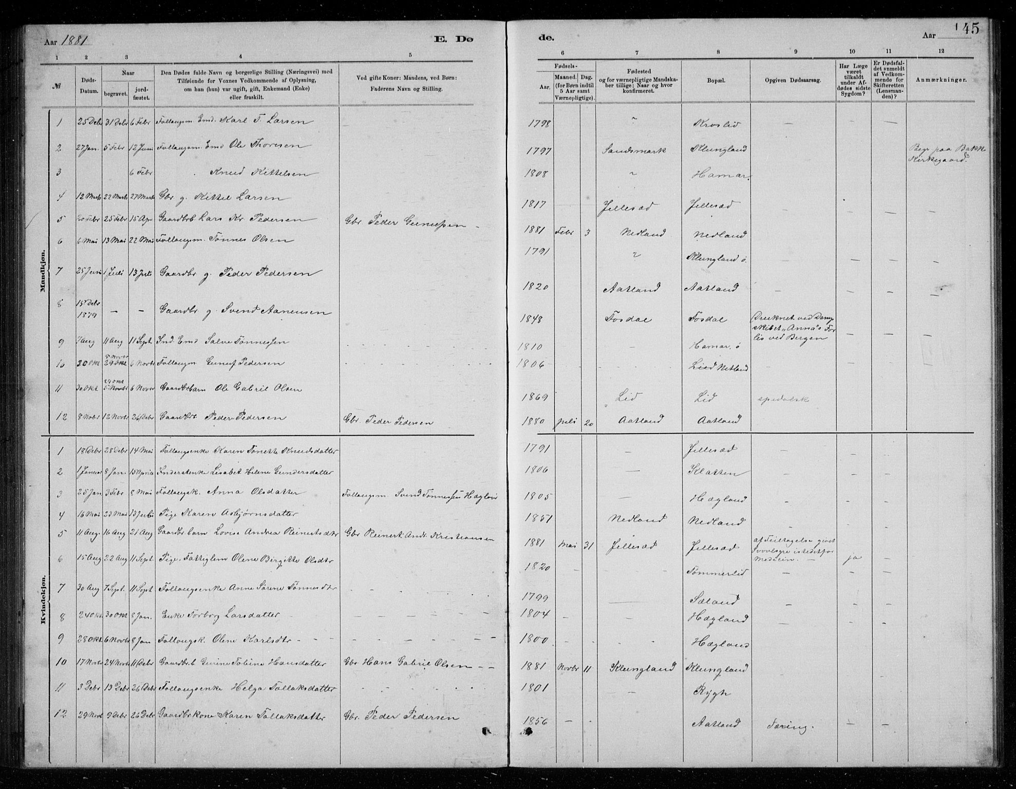 Bakke sokneprestkontor, AV/SAK-1111-0002/F/Fb/Fbb/L0003: Parish register (copy) no. B 3, 1878-1896, p. 145
