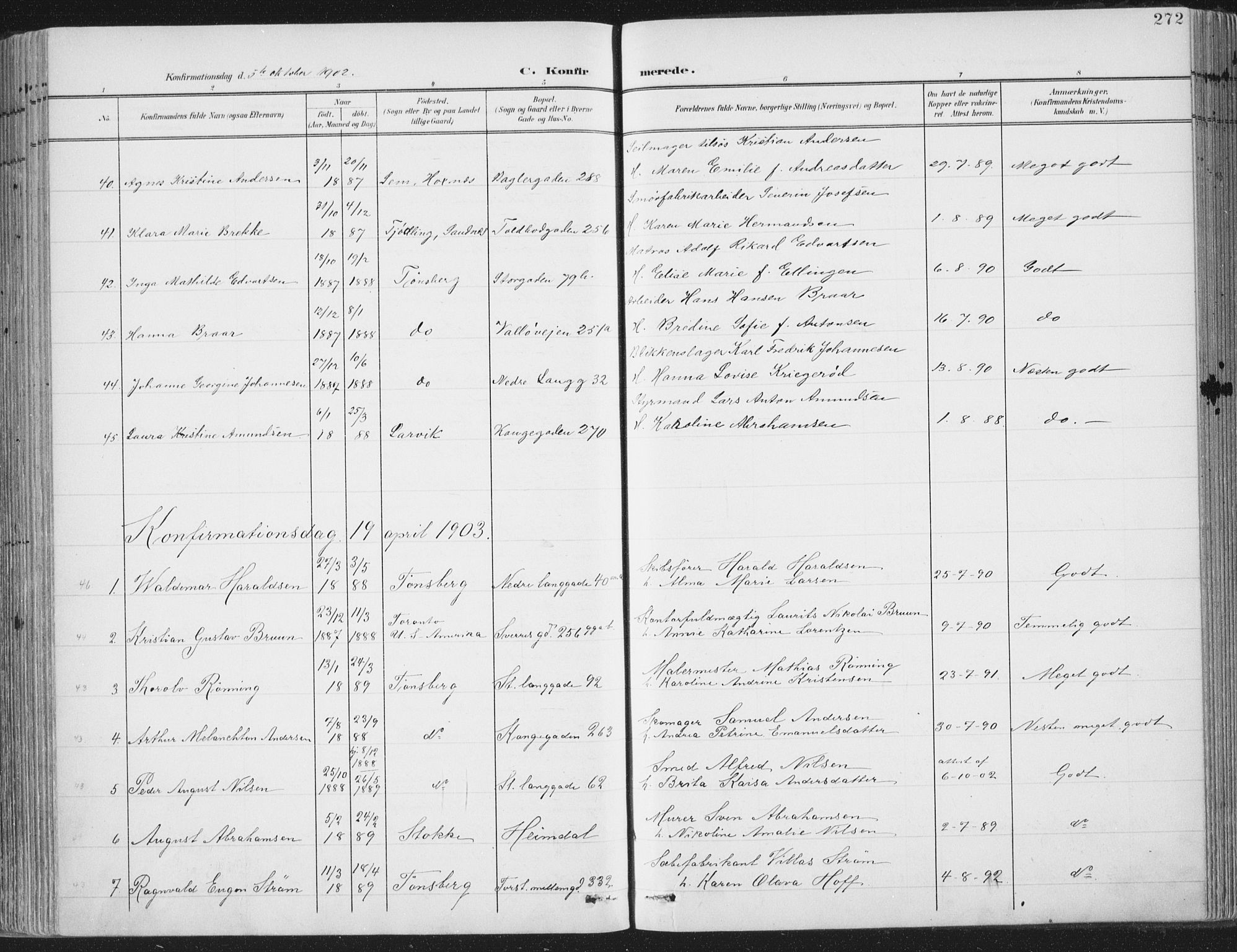 Tønsberg kirkebøker, AV/SAKO-A-330/F/Fa/L0014: Parish register (official) no. I 14, 1900-1913, p. 272