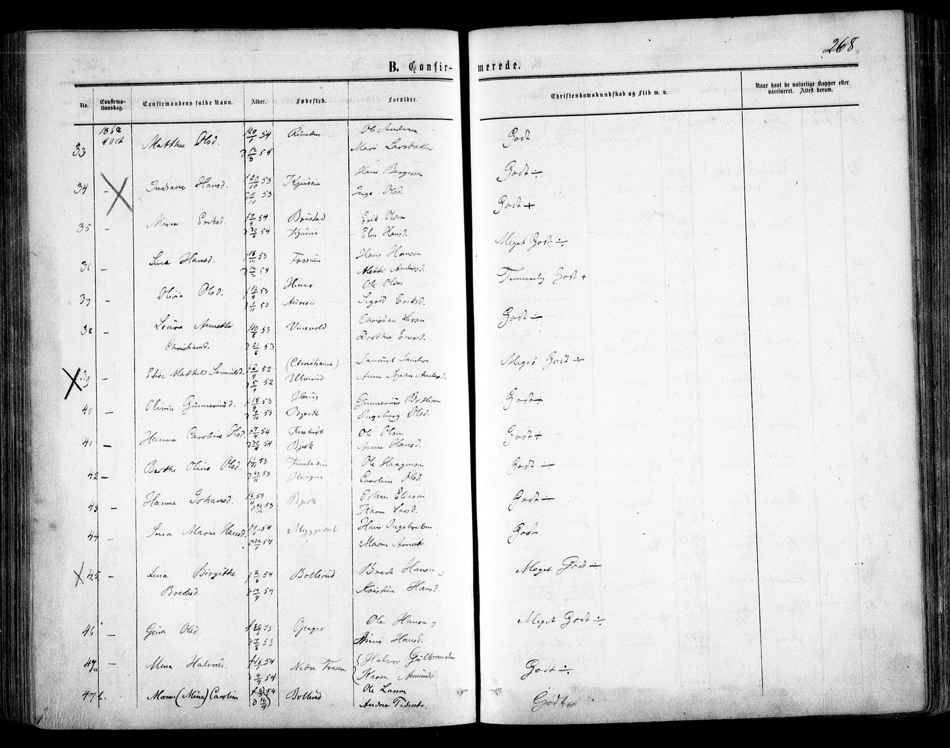 Nes prestekontor Kirkebøker, AV/SAO-A-10410/F/Fa/L0008: Parish register (official) no. I 8, 1859-1874, p. 268