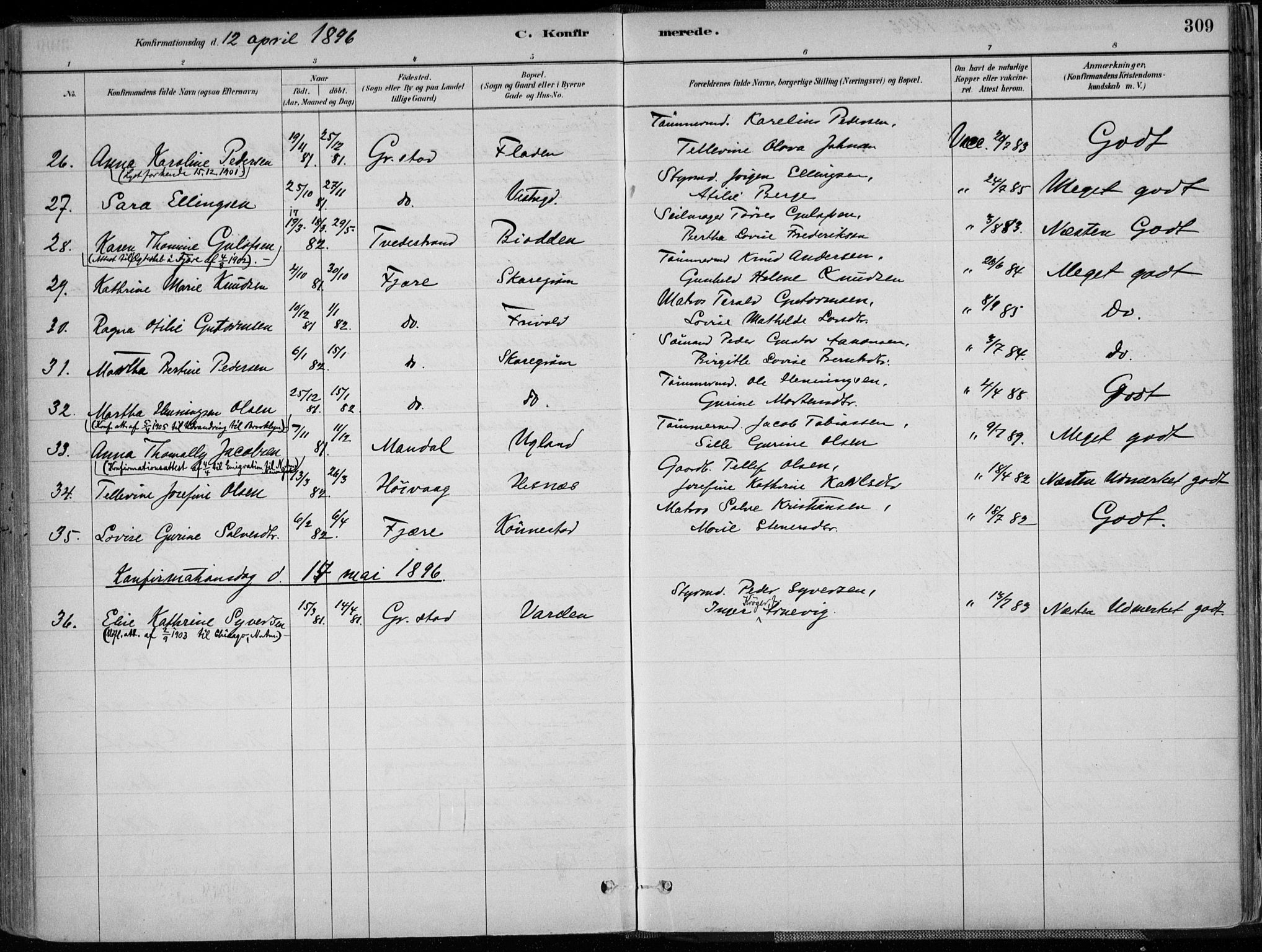 Grimstad sokneprestkontor, SAK/1111-0017/F/Fa/L0003: Parish register (official) no. A 2, 1882-1912, p. 309