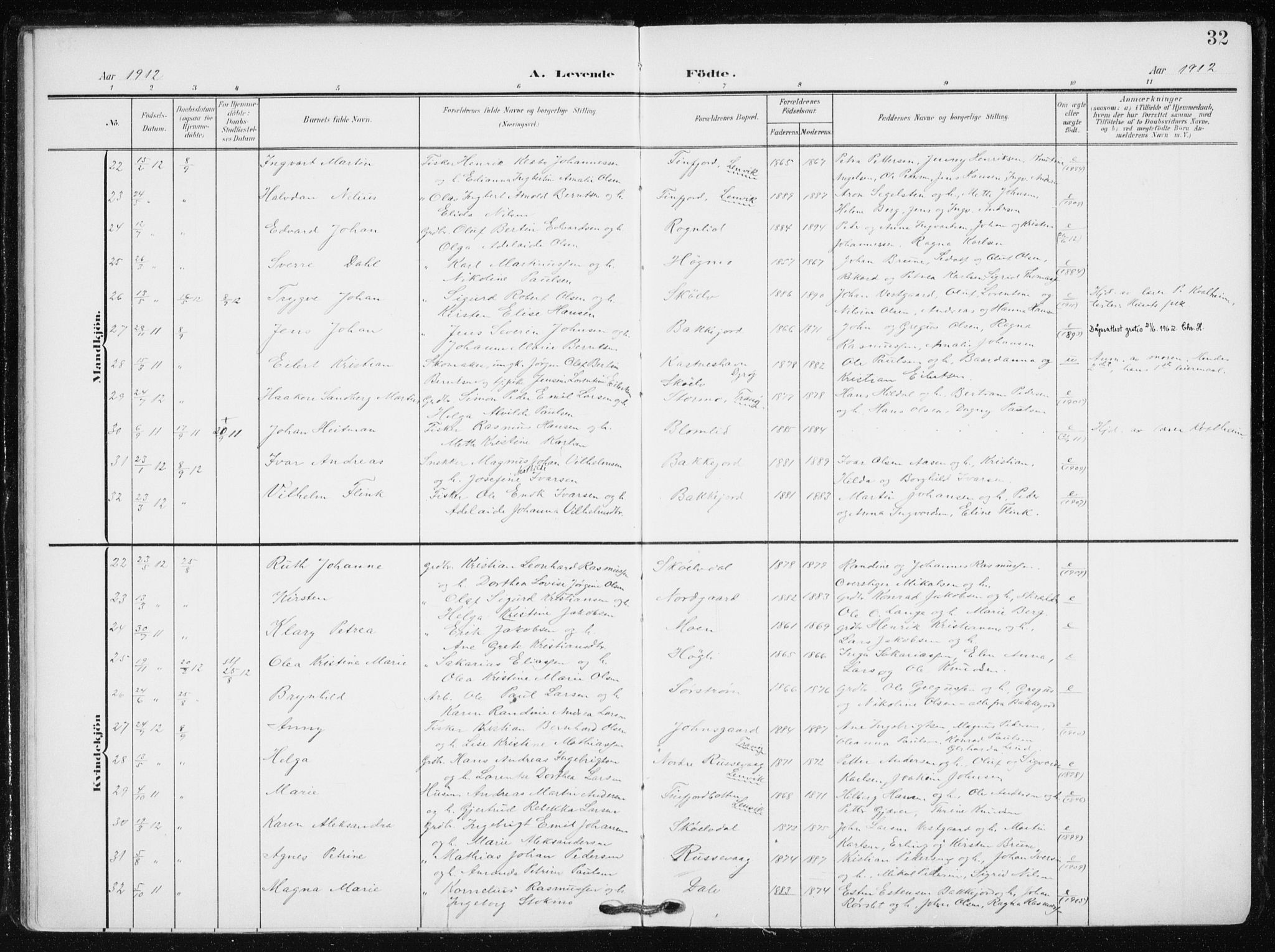 Tranøy sokneprestkontor, AV/SATØ-S-1313/I/Ia/Iaa/L0012kirke: Parish register (official) no. 12, 1905-1918, p. 32