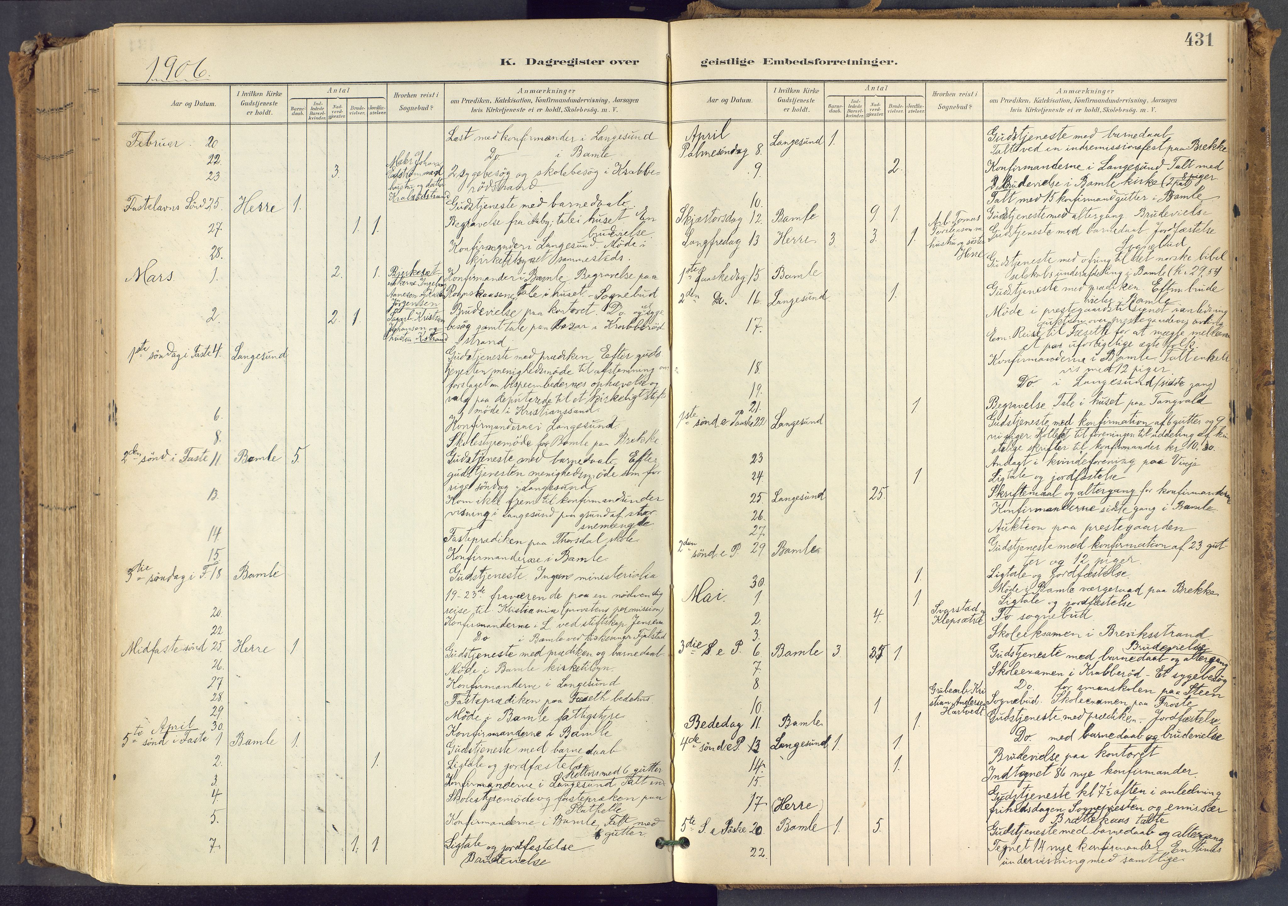 Bamble kirkebøker, SAKO/A-253/F/Fa/L0009: Parish register (official) no. I 9, 1901-1917, p. 431