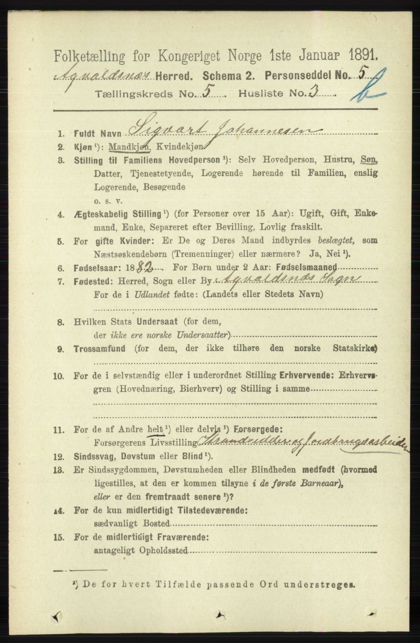 RA, 1891 census for 1147 Avaldsnes, 1891, p. 3034