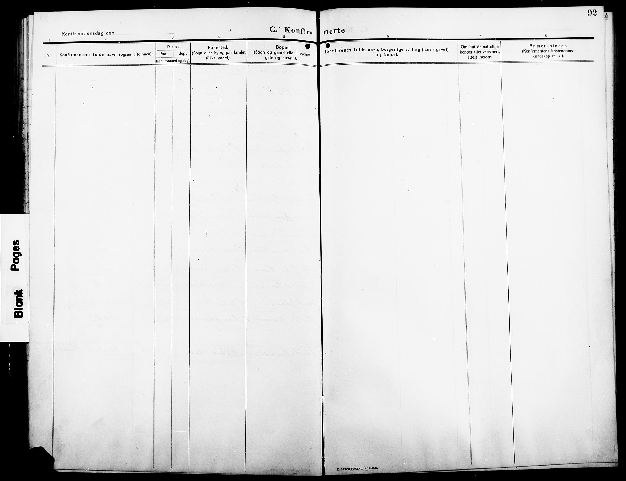 Stange prestekontor, AV/SAH-PREST-002/L/L0014: Parish register (copy) no. 14, 1909-1917, p. 92