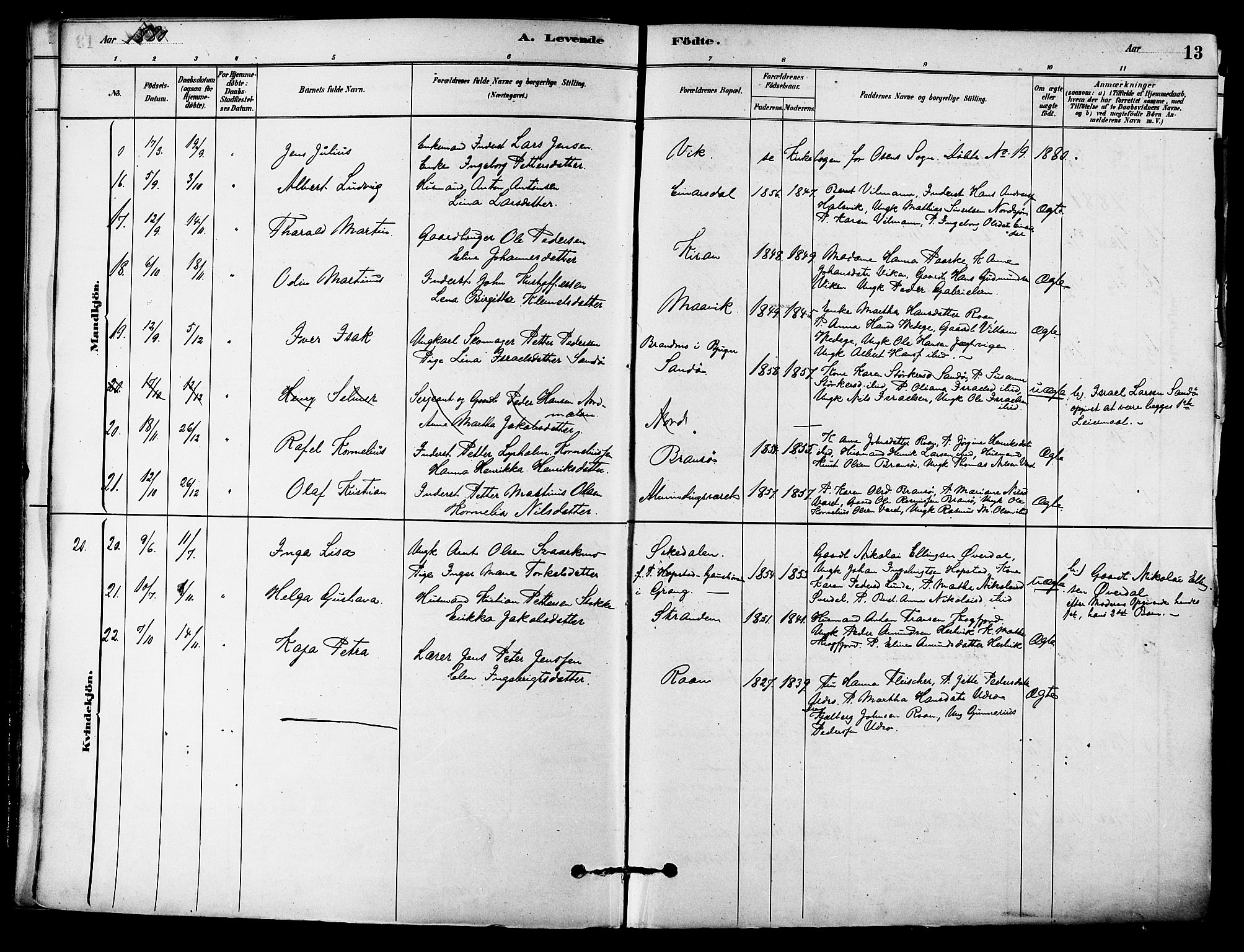 Ministerialprotokoller, klokkerbøker og fødselsregistre - Sør-Trøndelag, SAT/A-1456/657/L0707: Parish register (official) no. 657A08, 1879-1893, p. 13