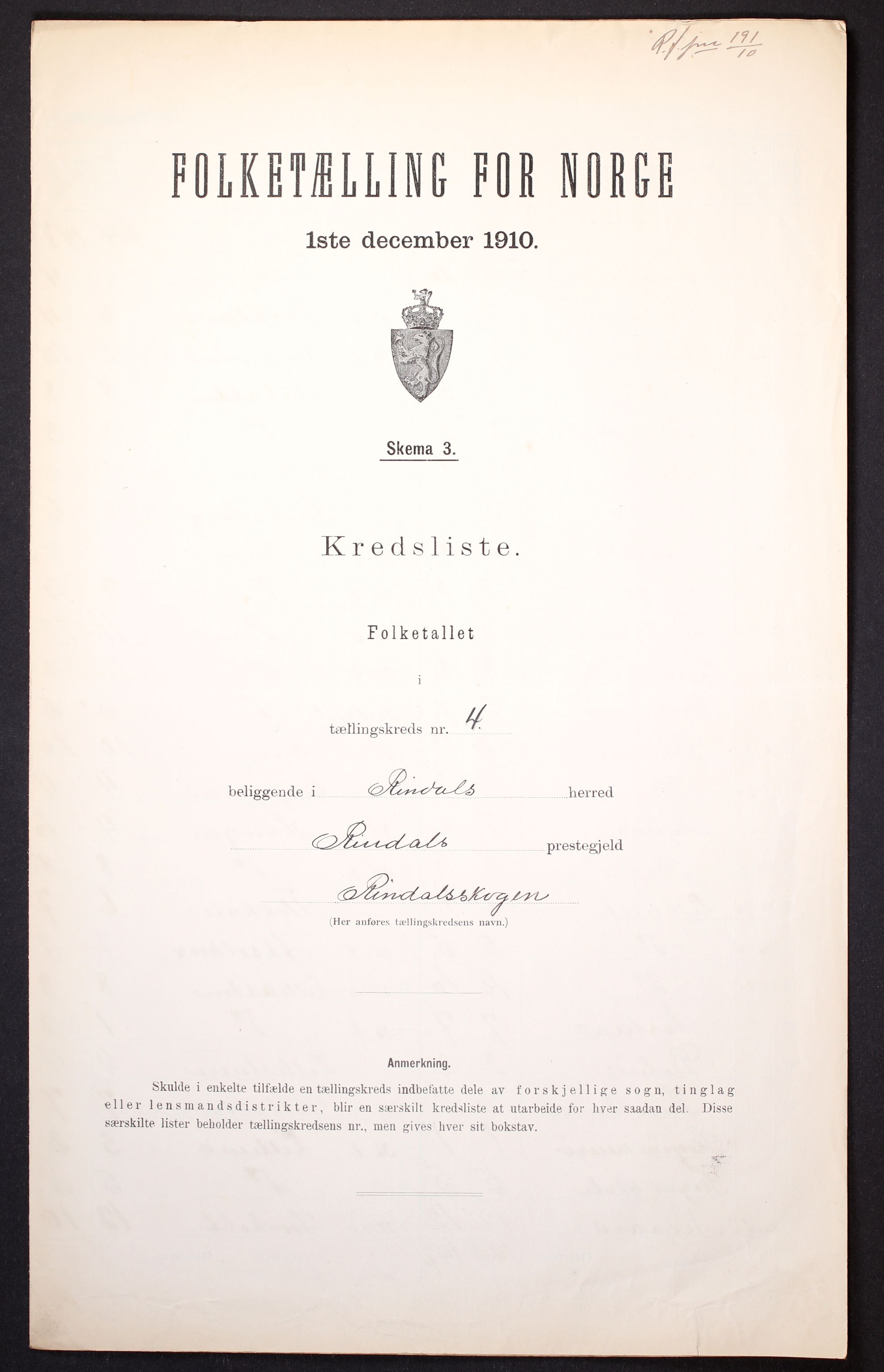 RA, 1910 census for Rindal, 1910, p. 13
