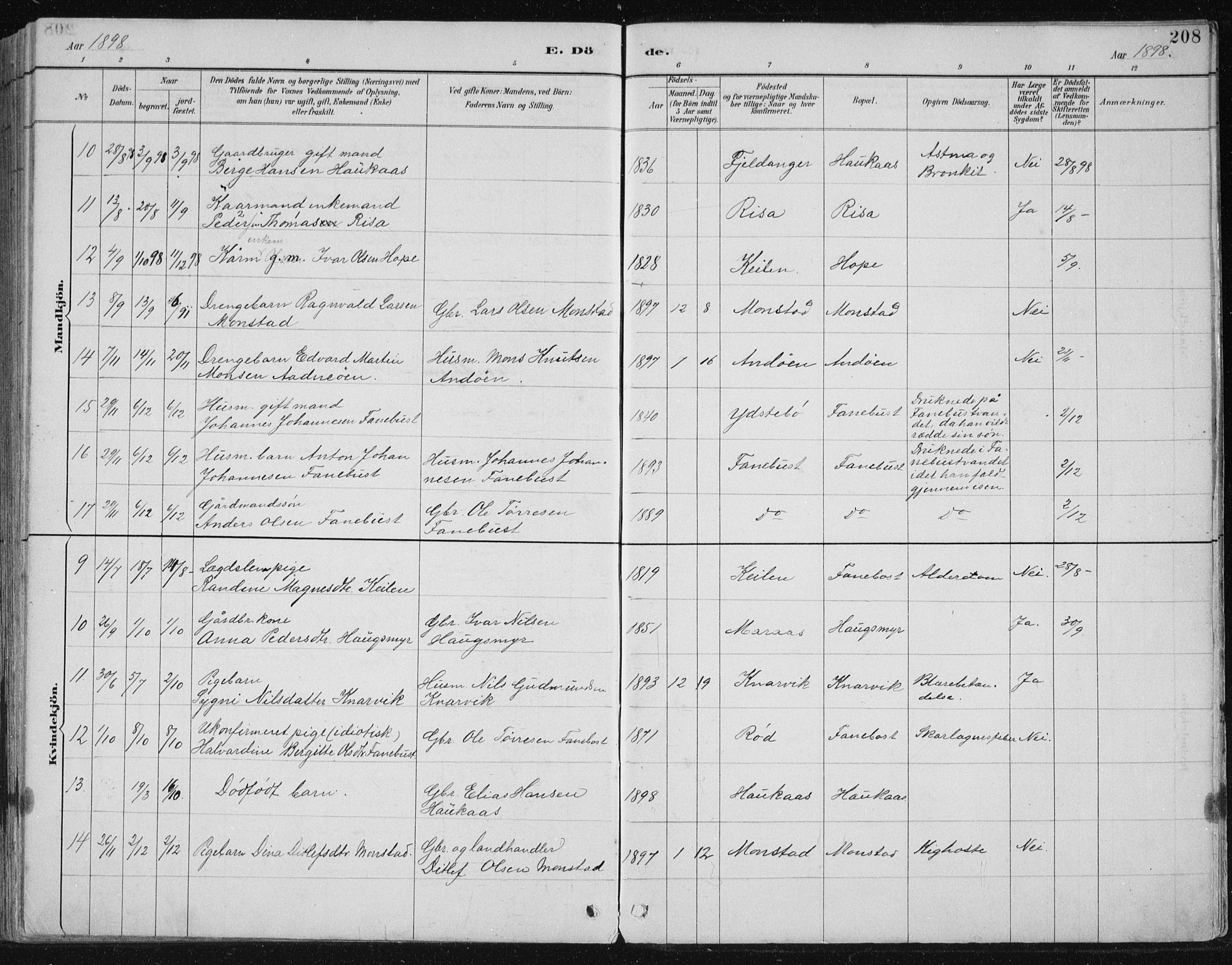 Lindås Sokneprestembete, SAB/A-76701/H/Hab: Parish register (copy) no. B 3, 1886-1914, p. 208