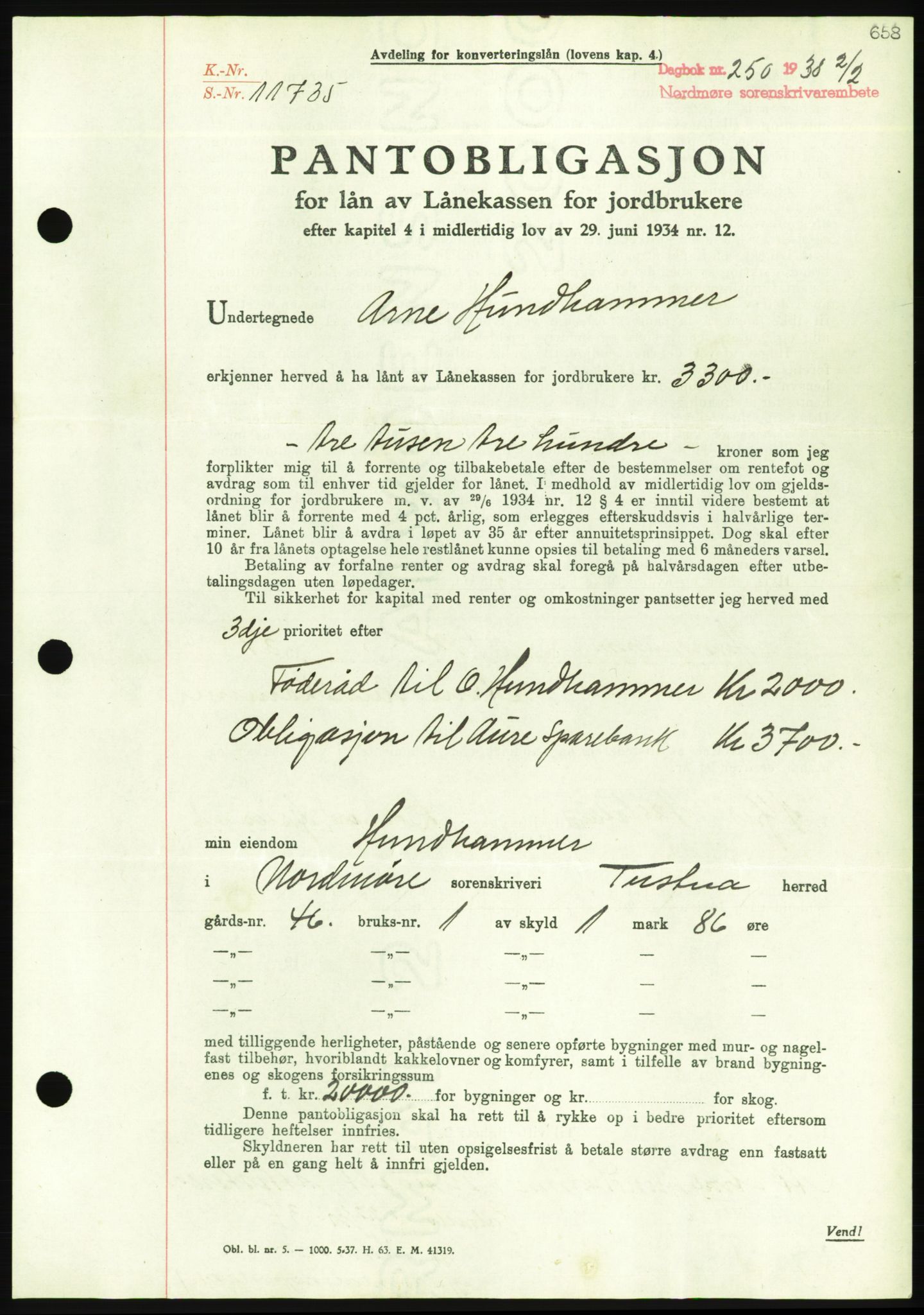 Nordmøre sorenskriveri, AV/SAT-A-4132/1/2/2Ca/L0092: Mortgage book no. B82, 1937-1938, Diary no: : 250/1938