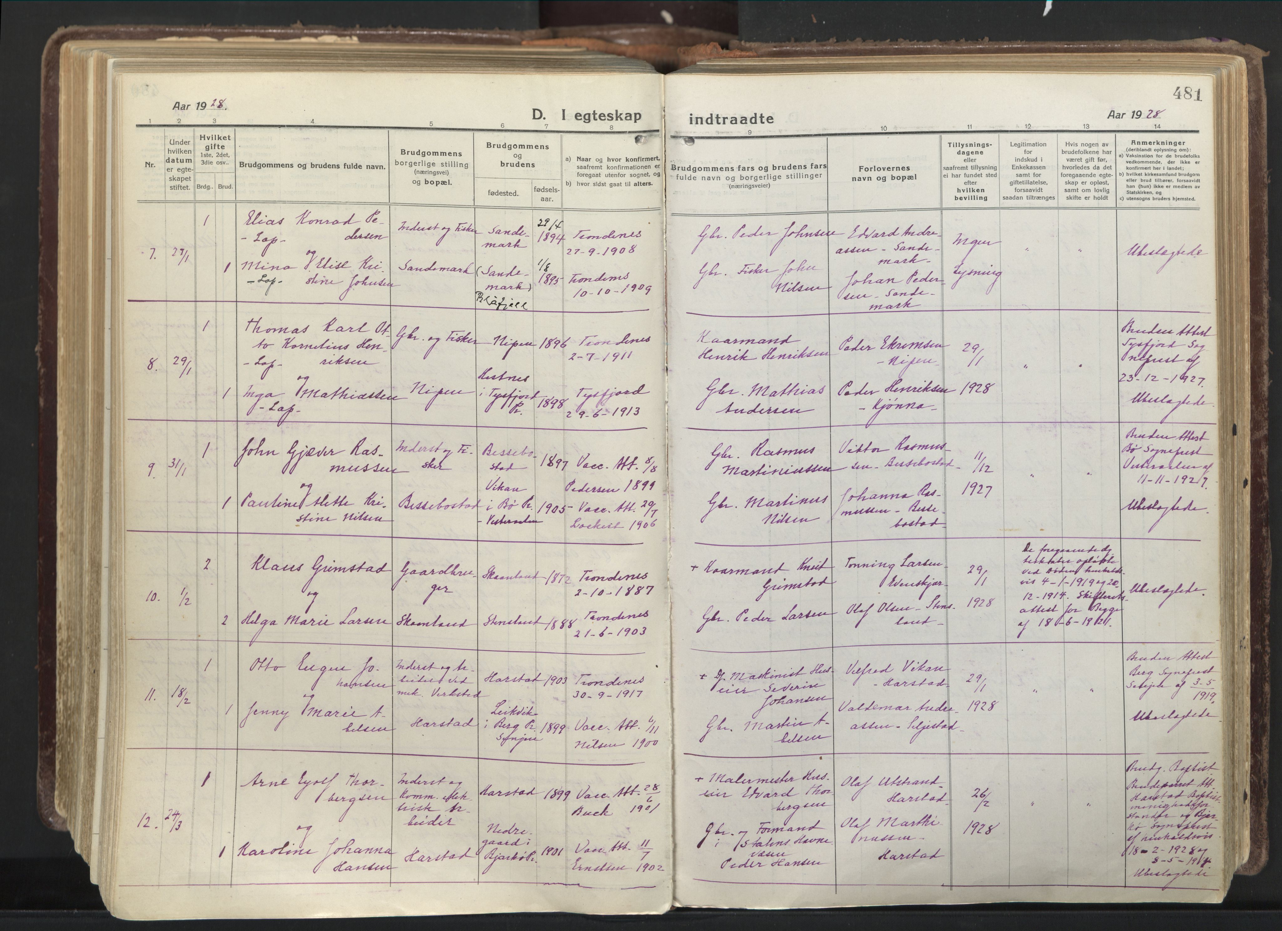 Trondenes sokneprestkontor, AV/SATØ-S-1319/H/Ha/L0019kirke: Parish register (official) no. 19, 1919-1928, p. 481