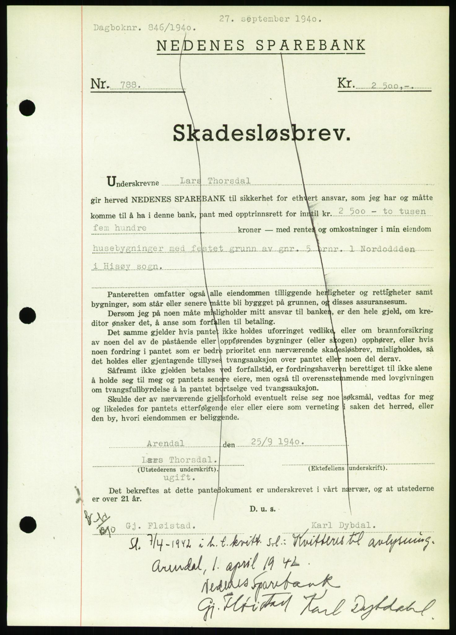 Nedenes sorenskriveri, AV/SAK-1221-0006/G/Gb/Gbb/L0001: Mortgage book no. I, 1939-1942, Diary no: : 846/1940