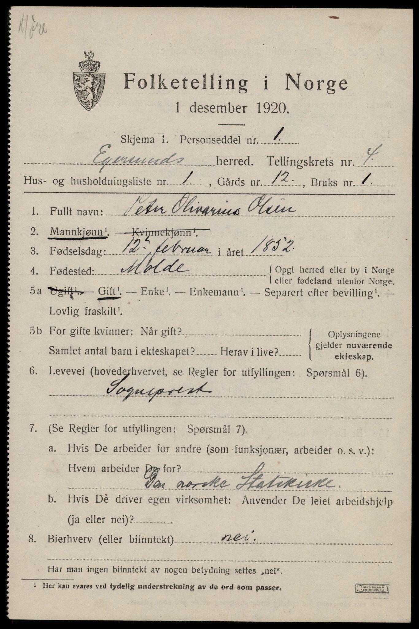 SAST, 1920 census for Eigersund, 1920, p. 2793