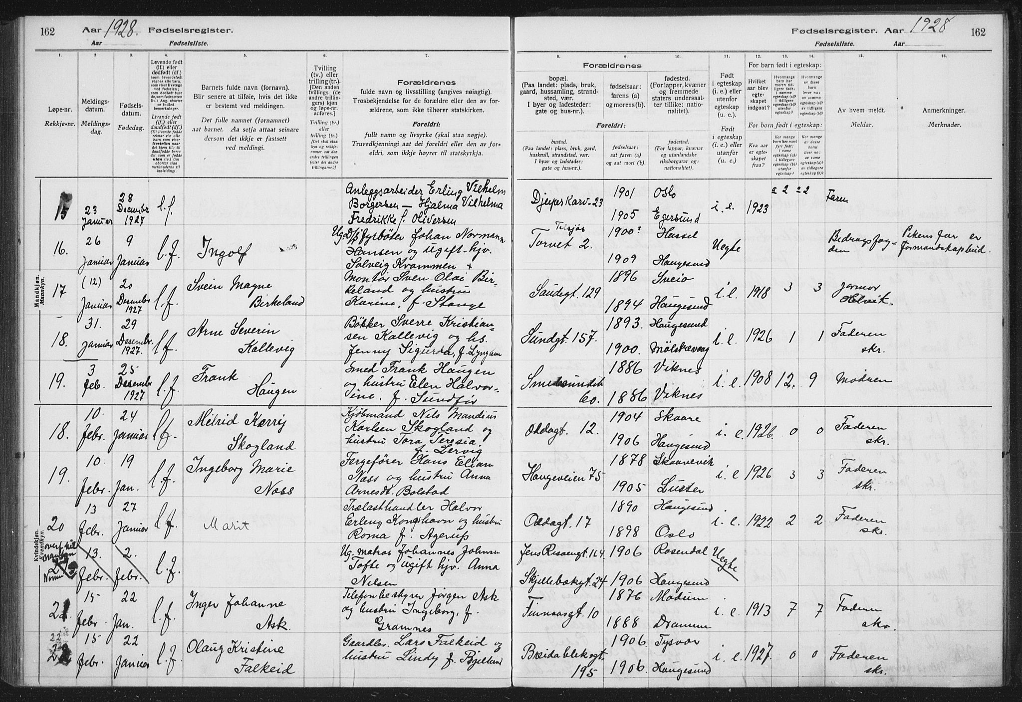 Haugesund sokneprestkontor, AV/SAST-A -101863/I/Id/L0005: Birth register no. 3, 1923-1929, p. 162