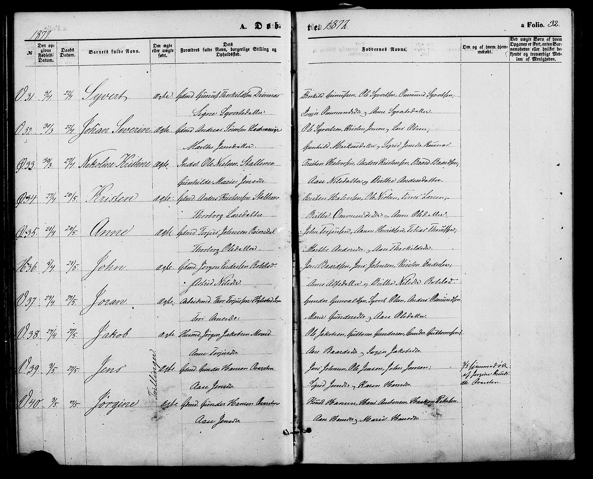 Vennesla sokneprestkontor, AV/SAK-1111-0045/Fa/Fac/L0008: Parish register (official) no. A 8, 1874-1883, p. 32