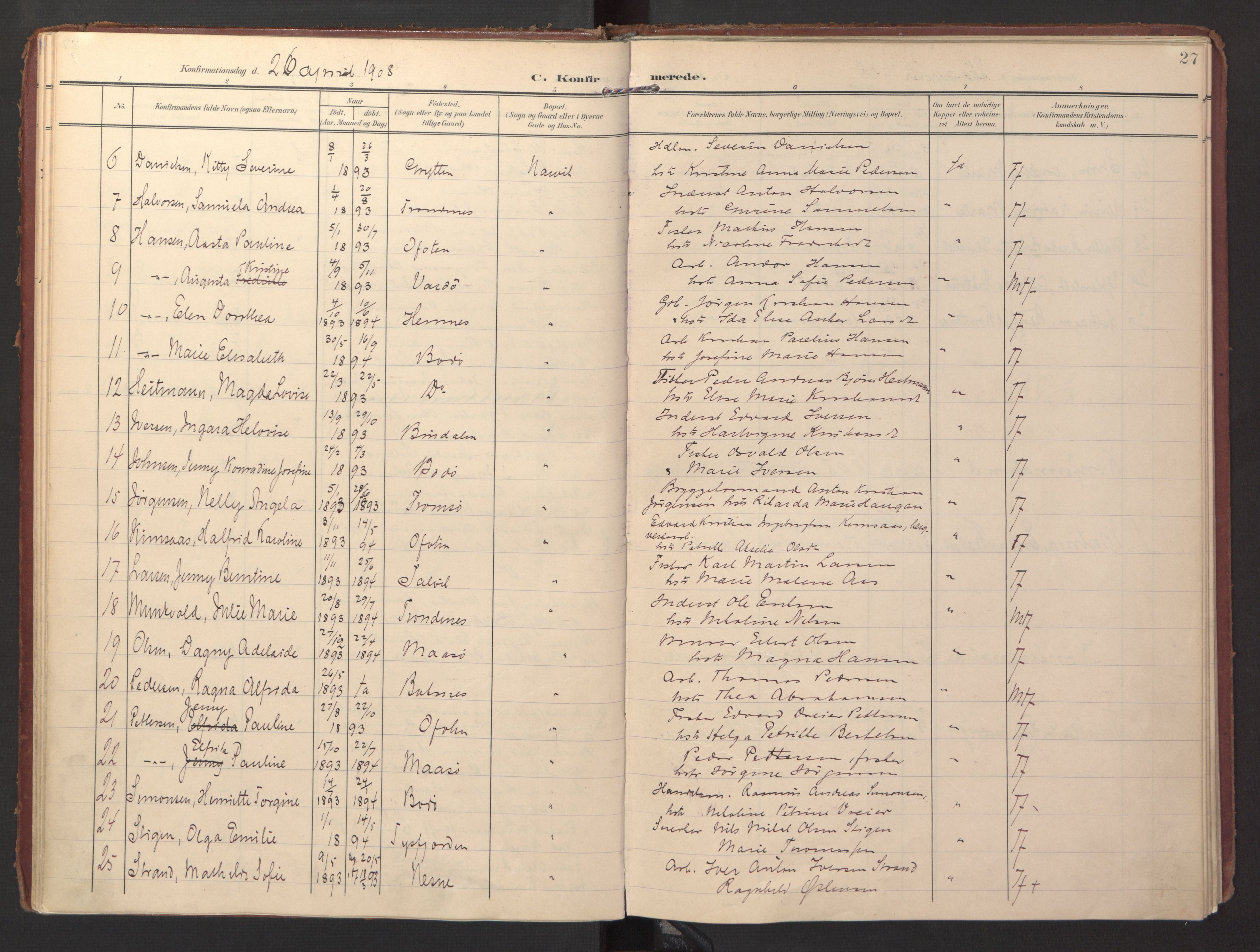 Ministerialprotokoller, klokkerbøker og fødselsregistre - Nordland, SAT/A-1459/871/L0998: Parish register (official) no. 871A14, 1902-1921, p. 27