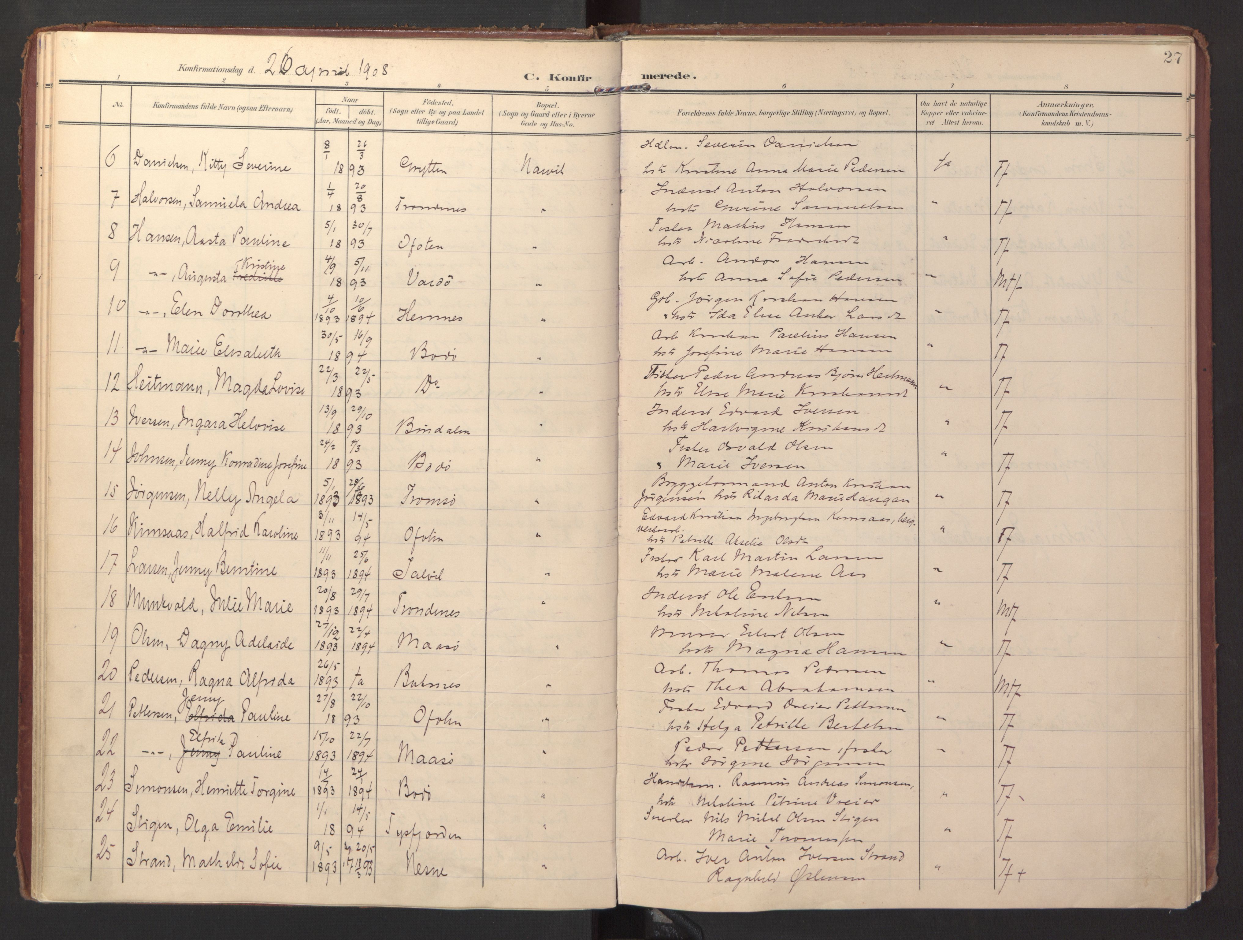 Ministerialprotokoller, klokkerbøker og fødselsregistre - Nordland, AV/SAT-A-1459/871/L0998: Parish register (official) no. 871A14, 1902-1921, p. 27