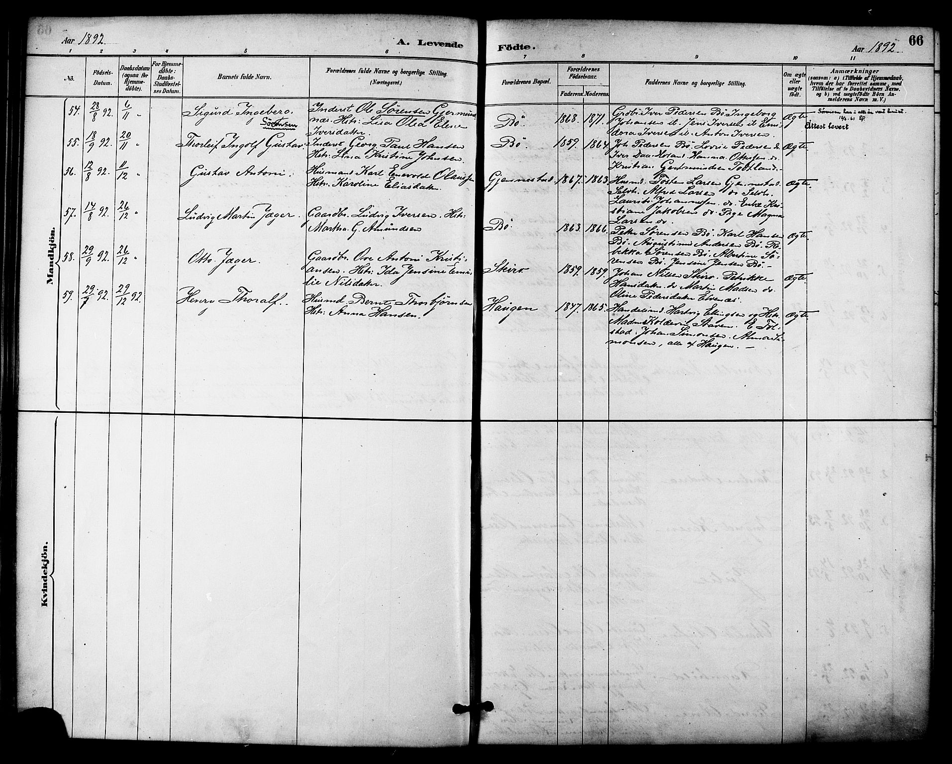 Ministerialprotokoller, klokkerbøker og fødselsregistre - Nordland, AV/SAT-A-1459/895/L1371: Parish register (official) no. 895A06, 1885-1894, p. 66