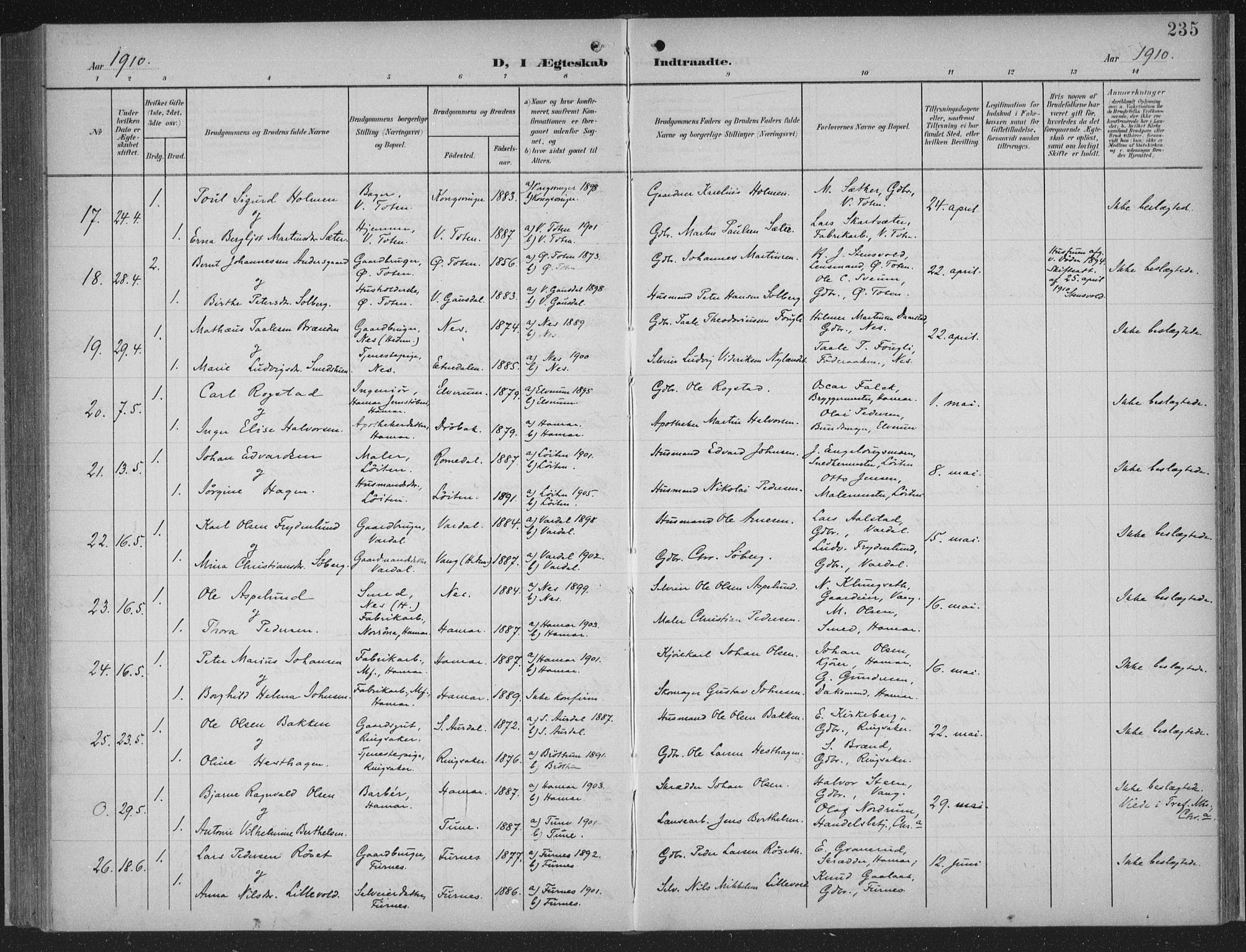 Hamar prestekontor, AV/SAH-DOMPH-002/H/Ha/Haa/L0001: Parish register (official) no. 1, 1900-1914, p. 235