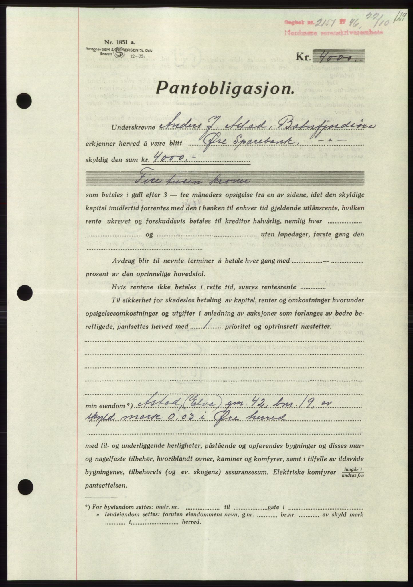 Nordmøre sorenskriveri, AV/SAT-A-4132/1/2/2Ca: Mortgage book no. B95, 1946-1947, Diary no: : 2151/1946