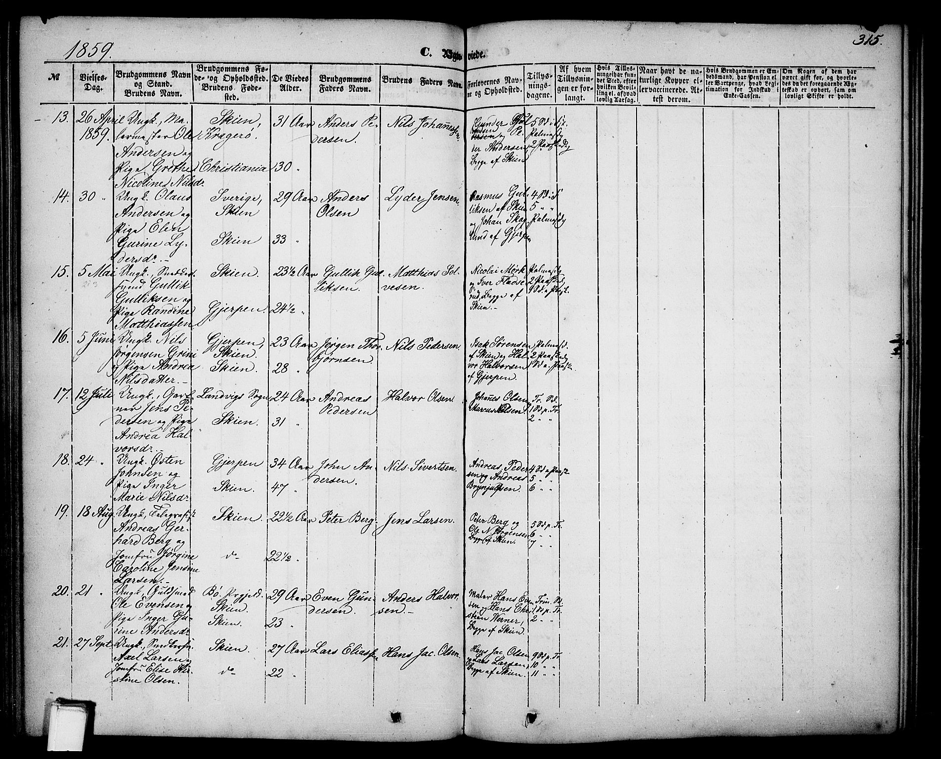 Skien kirkebøker, SAKO/A-302/G/Ga/L0004: Parish register (copy) no. 4, 1843-1867, p. 315