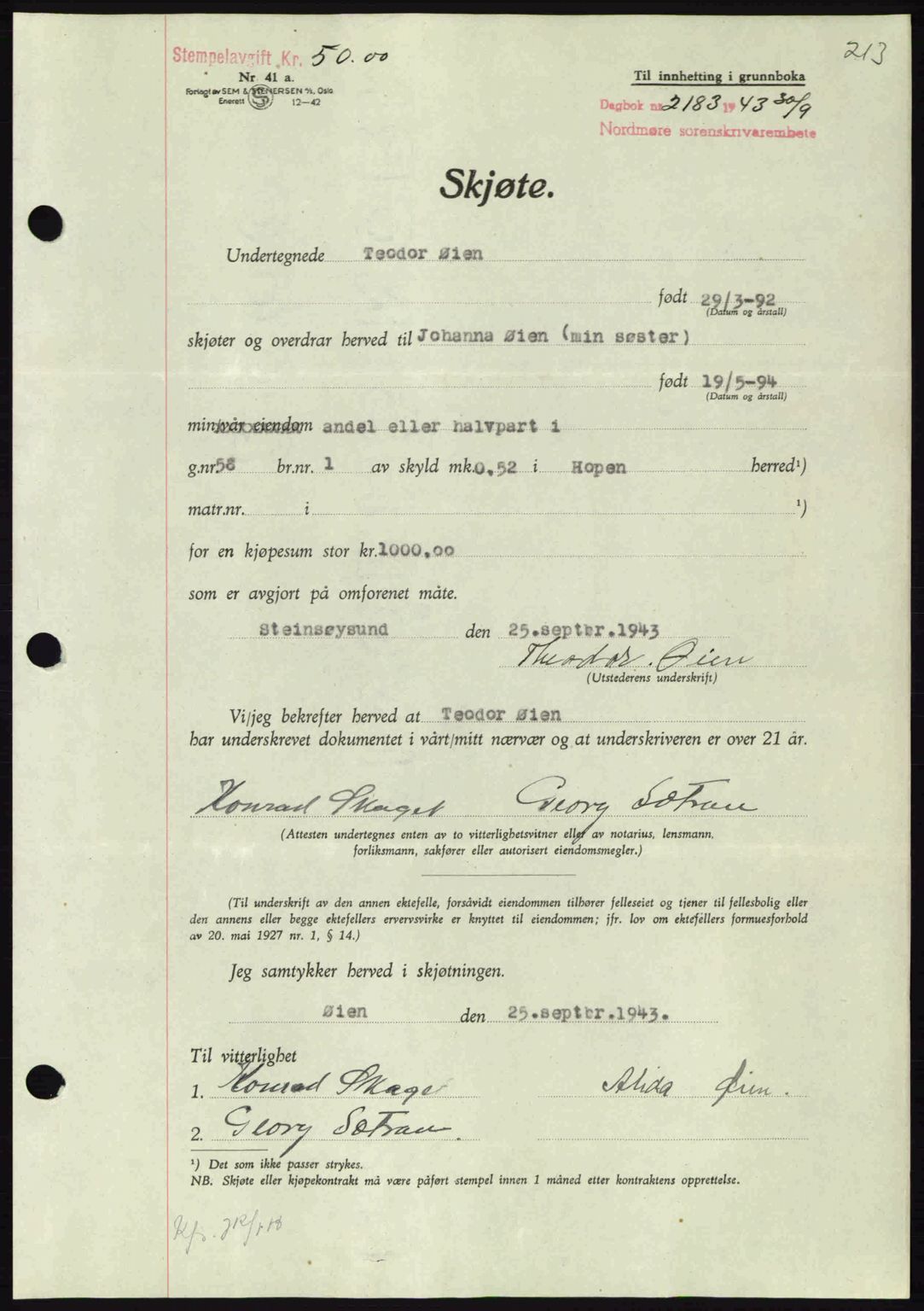 Nordmøre sorenskriveri, AV/SAT-A-4132/1/2/2Ca: Mortgage book no. A96, 1943-1944, Diary no: : 2183/1943