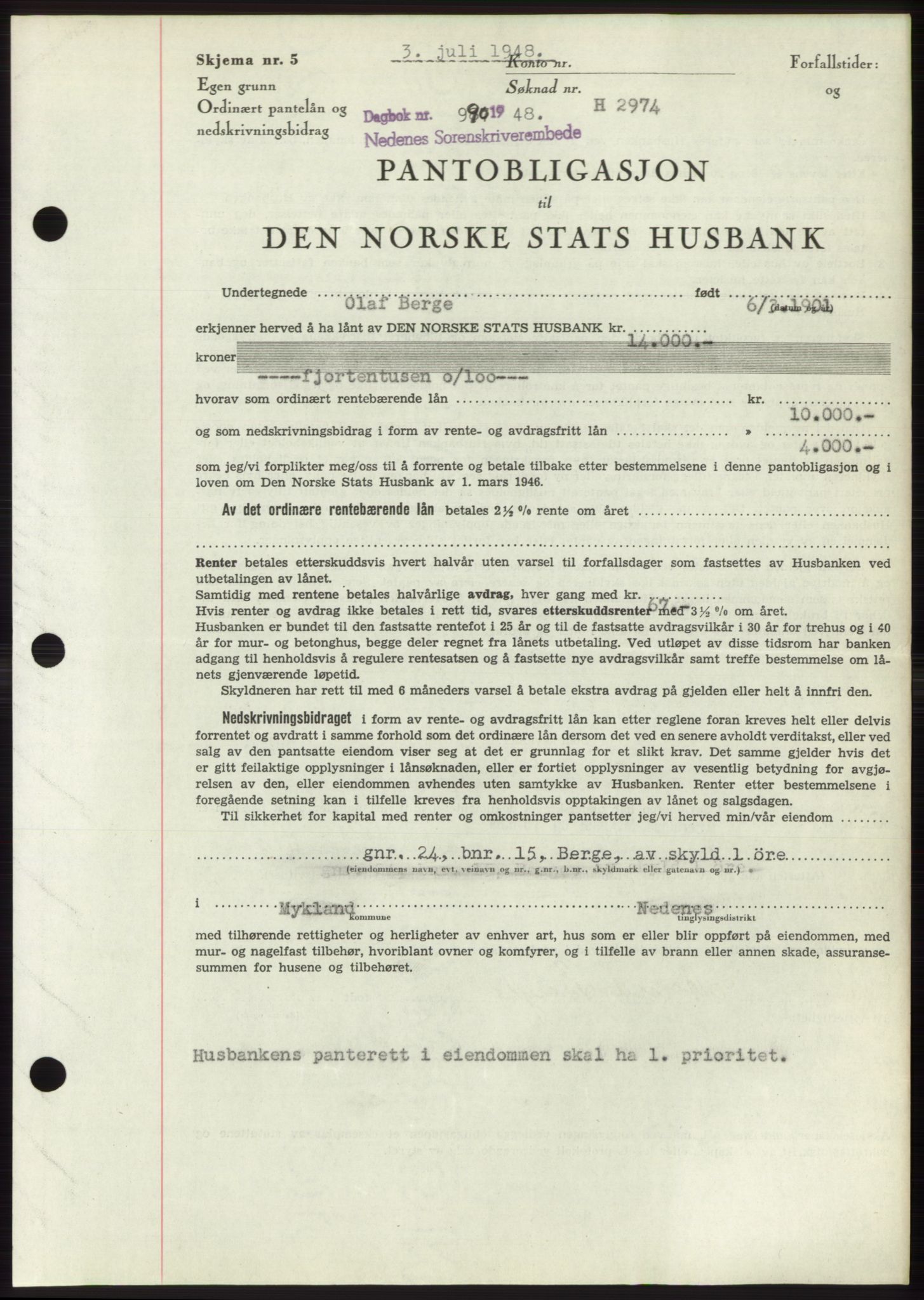 Nedenes sorenskriveri, AV/SAK-1221-0006/G/Gb/Gbb/L0005: Mortgage book no. B5, 1948-1948, Diary no: : 990/1948