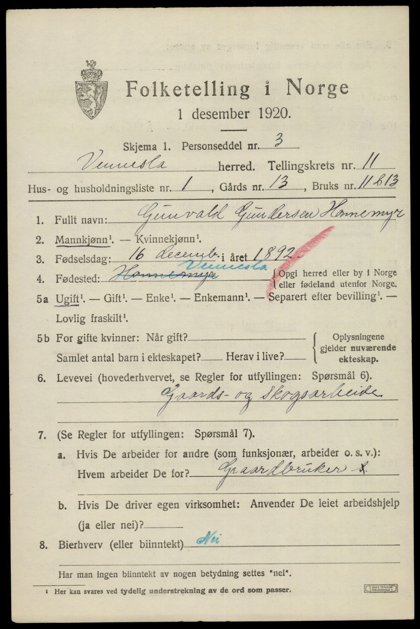 SAK, 1920 census for Vennesla, 1920, p. 7096