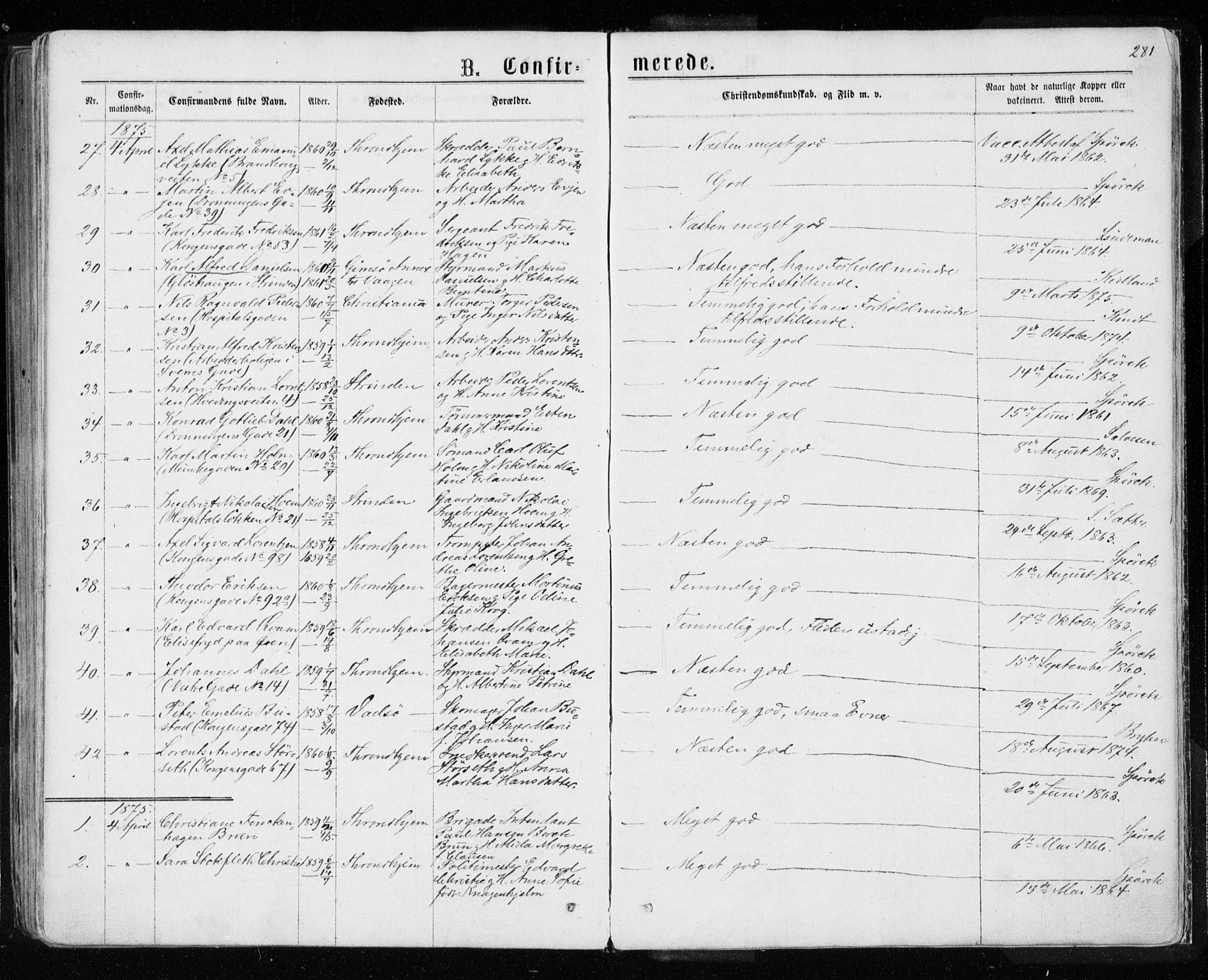Ministerialprotokoller, klokkerbøker og fødselsregistre - Sør-Trøndelag, SAT/A-1456/601/L0054: Parish register (official) no. 601A22, 1866-1877, p. 281