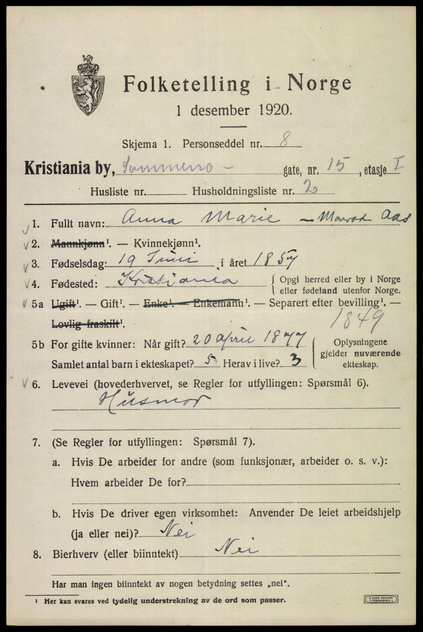 SAO, 1920 census for Kristiania, 1920, p. 528065