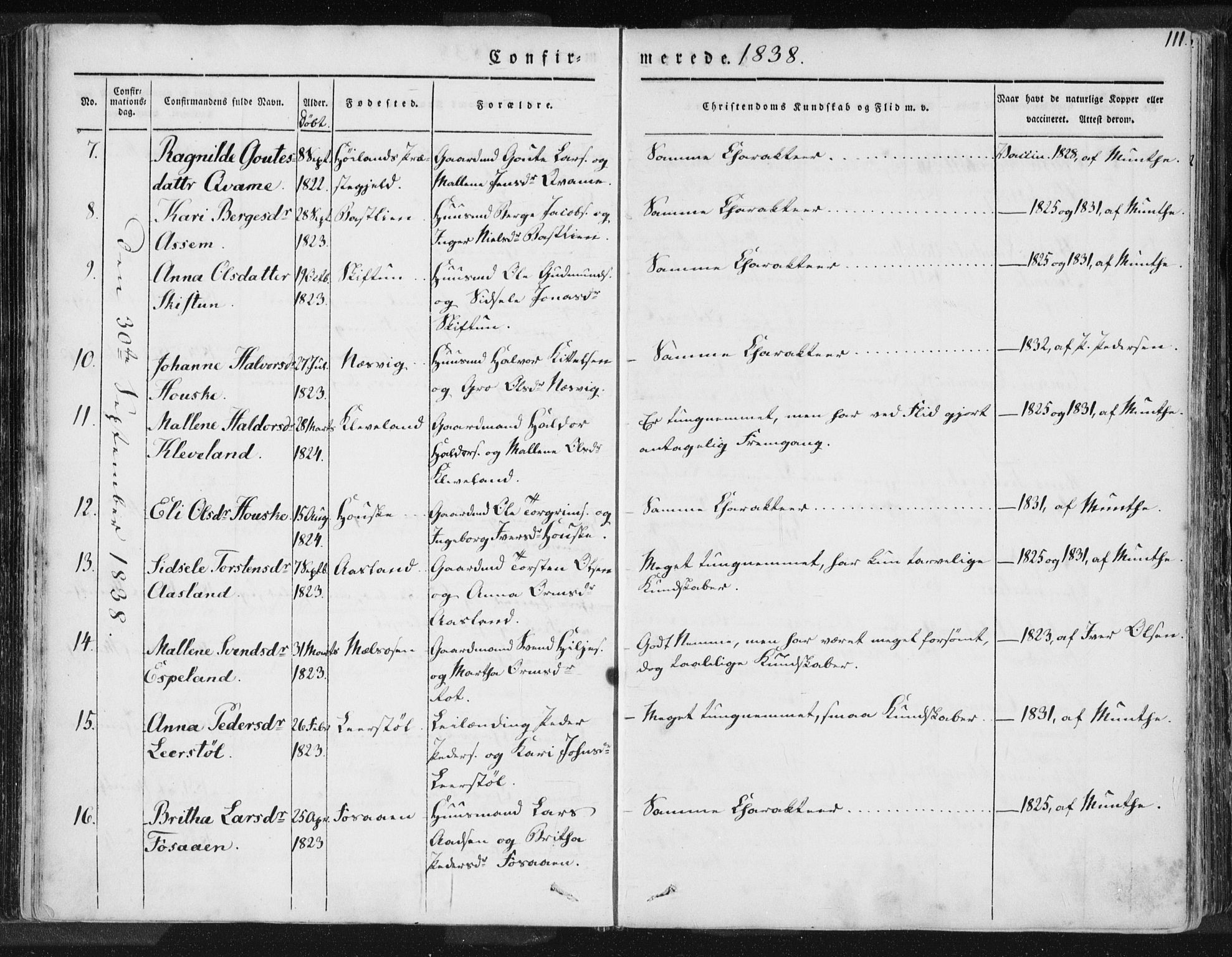 Hjelmeland sokneprestkontor, AV/SAST-A-101843/01/IV/L0006: Parish register (official) no. A 6, 1834-1845, p. 111