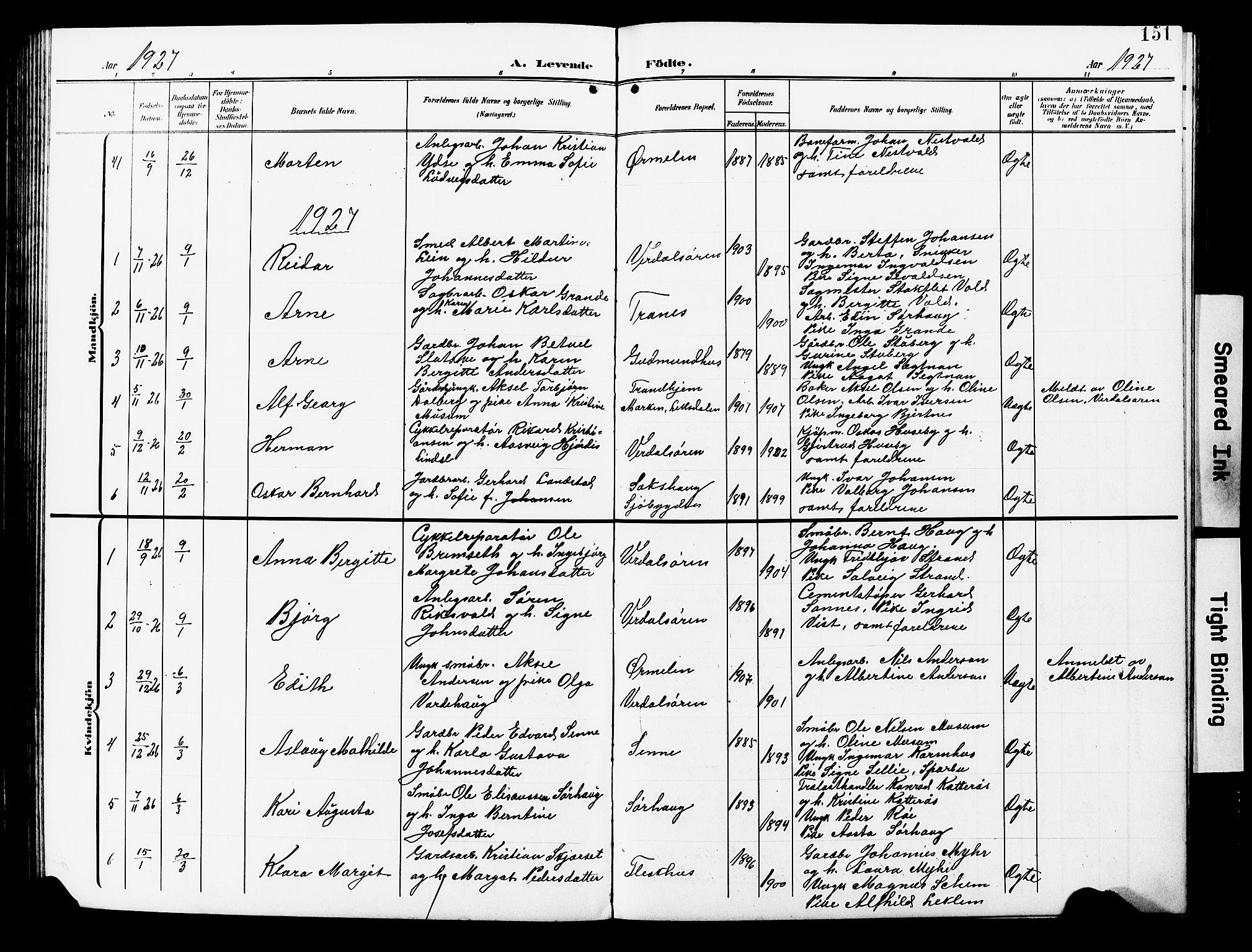 Ministerialprotokoller, klokkerbøker og fødselsregistre - Nord-Trøndelag, AV/SAT-A-1458/723/L0258: Parish register (copy) no. 723C06, 1908-1927, p. 151