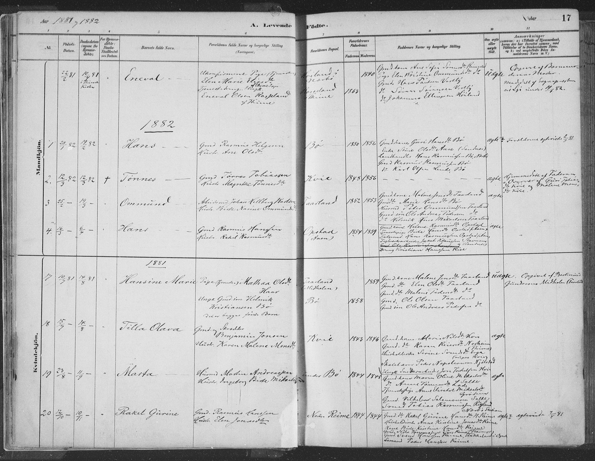 Hå sokneprestkontor, SAST/A-101801/001/30BA/L0010: Parish register (official) no. A 9, 1879-1896, p. 17