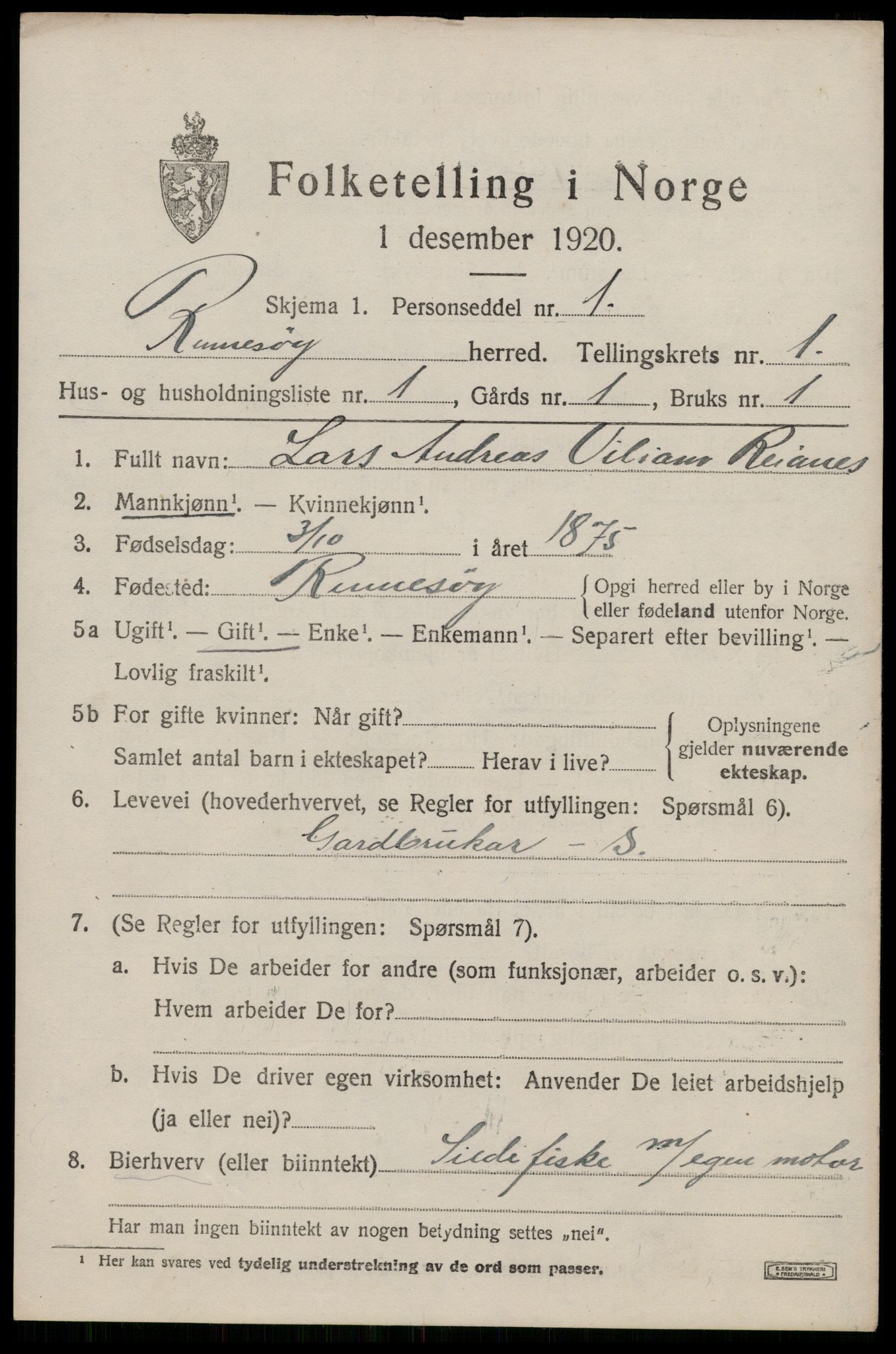 SAST, 1920 census for Rennesøy, 1920, p. 408