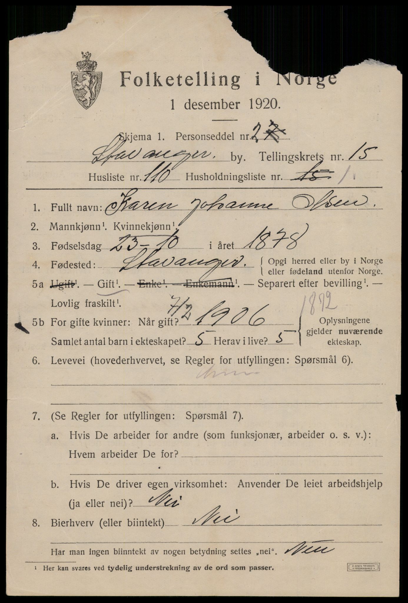 SAST, 1920 census for Stavanger, 1920, p. 63164