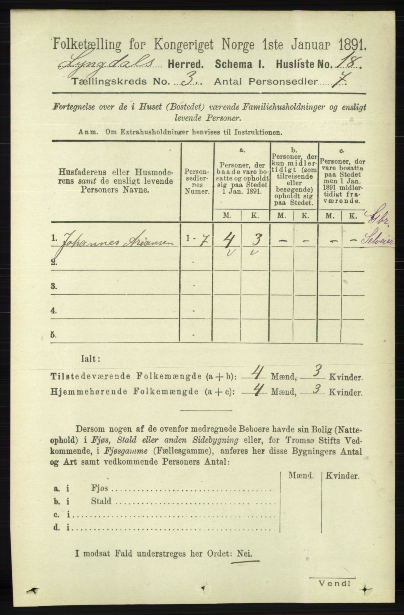 RA, 1891 census for 1032 Lyngdal, 1891, p. 1047