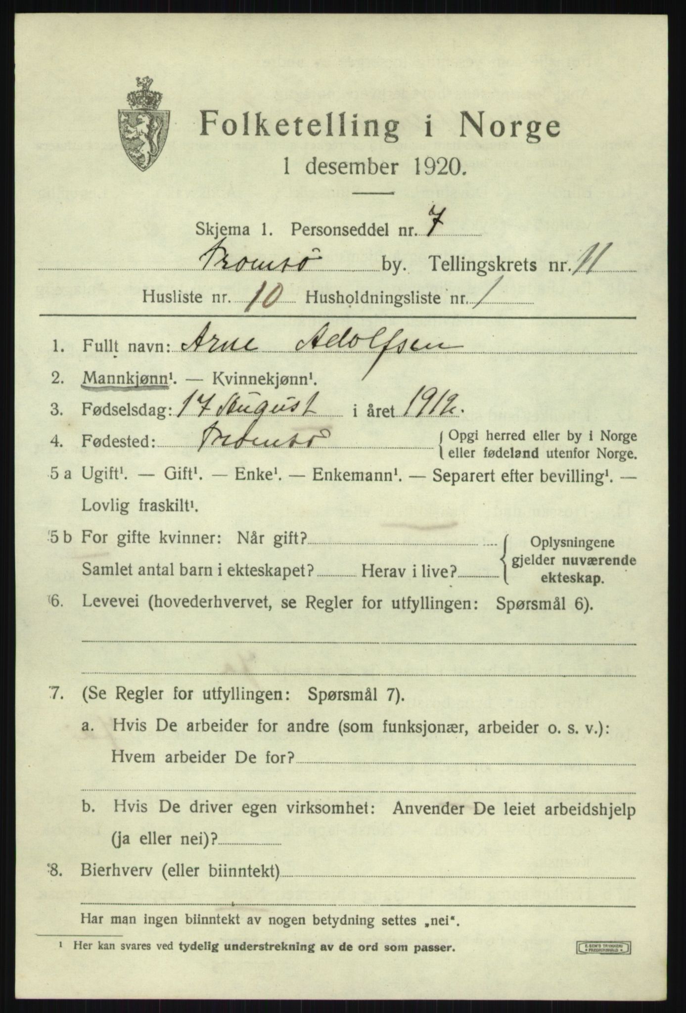 SATØ, 1920 census for Tromsø, 1920, p. 22147