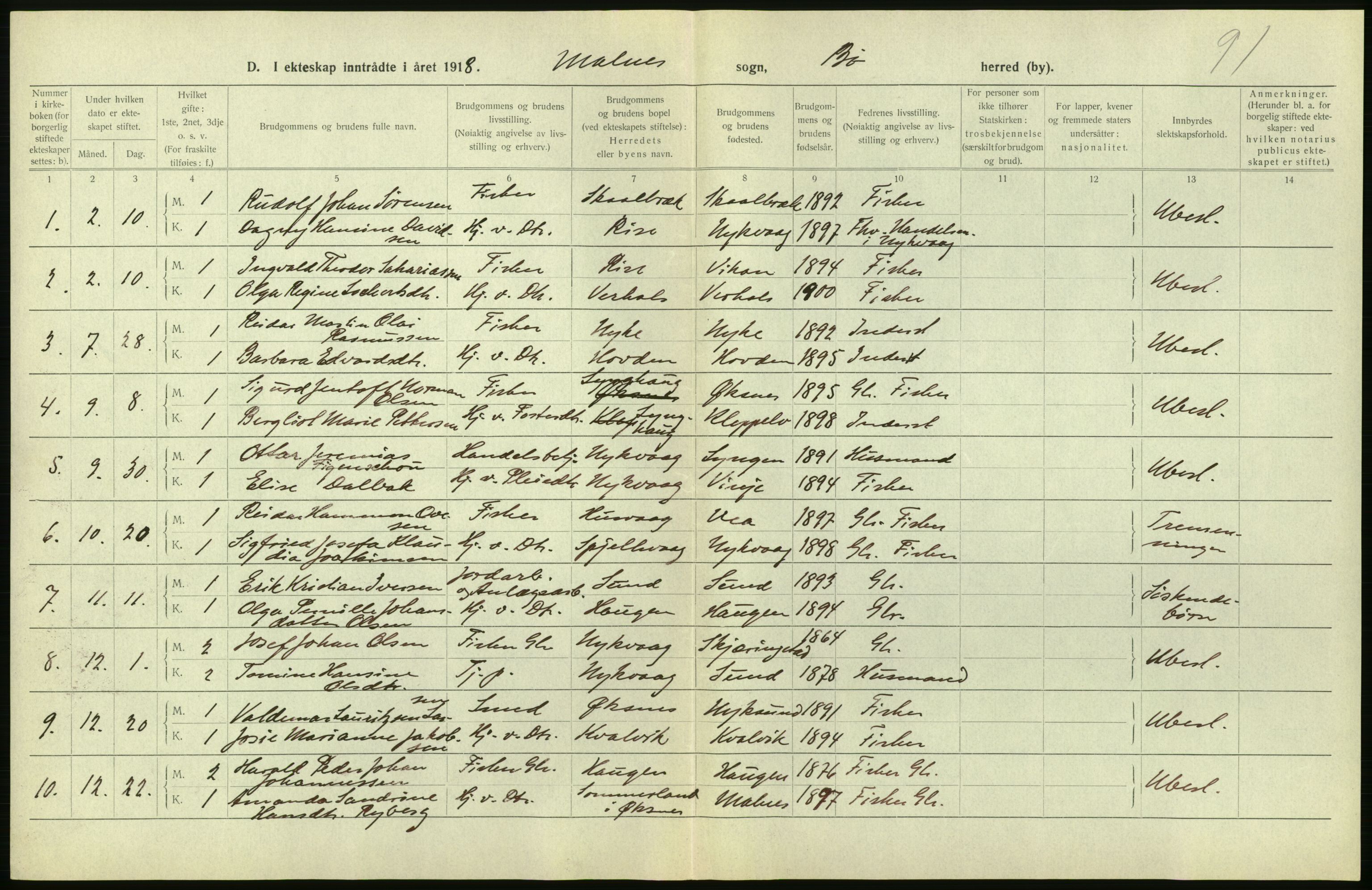 Statistisk sentralbyrå, Sosiodemografiske emner, Befolkning, RA/S-2228/D/Df/Dfb/Dfbh/L0054: Nordland fylke: Gifte, dødfødte. Bygder og byer., 1918, p. 304