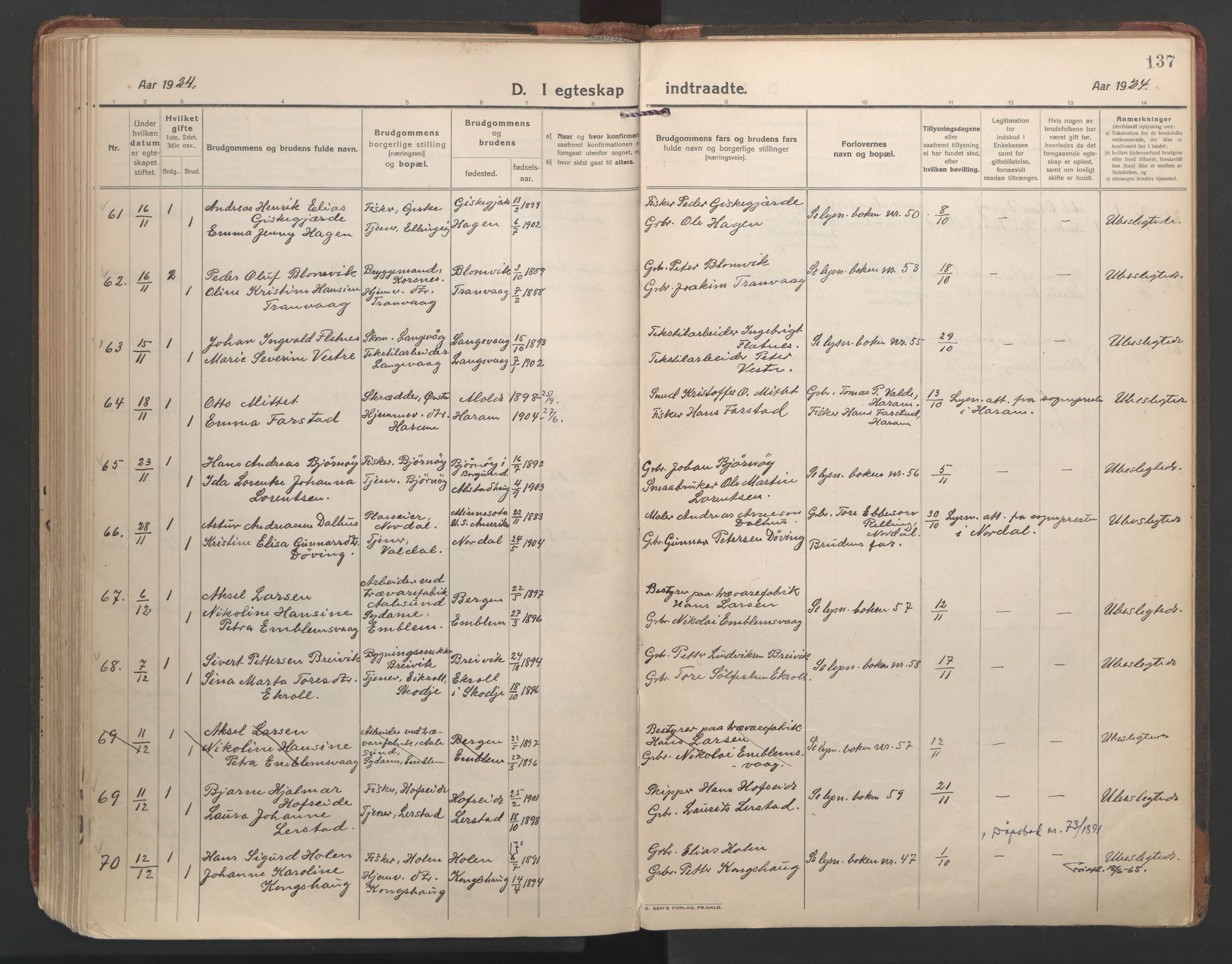 Ministerialprotokoller, klokkerbøker og fødselsregistre - Møre og Romsdal, SAT/A-1454/528/L0412: Parish register (official) no. 528A21, 1920-1926, p. 137