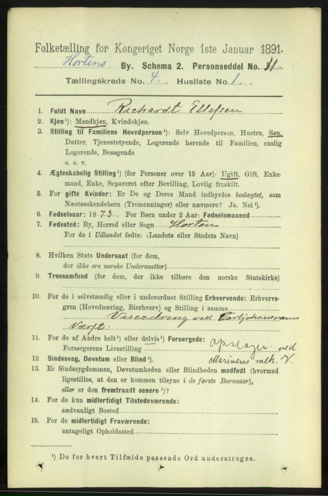 RA, 1891 census for 0703 Horten, 1891, p. 3233