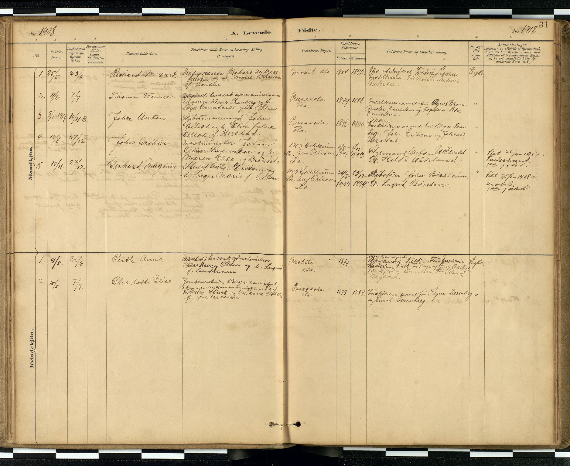 Den norske sjømannsmisjon i utlandet / Quebec (Canada) samt Pensacola--Savannah-Mobile-New Orleans-Gulfport (Gulfhamnene i USA), SAB/SAB/PA-0114/H/Ha/L0001: Parish register (official) no. A 1, 1887-1924, p. 30b-31a