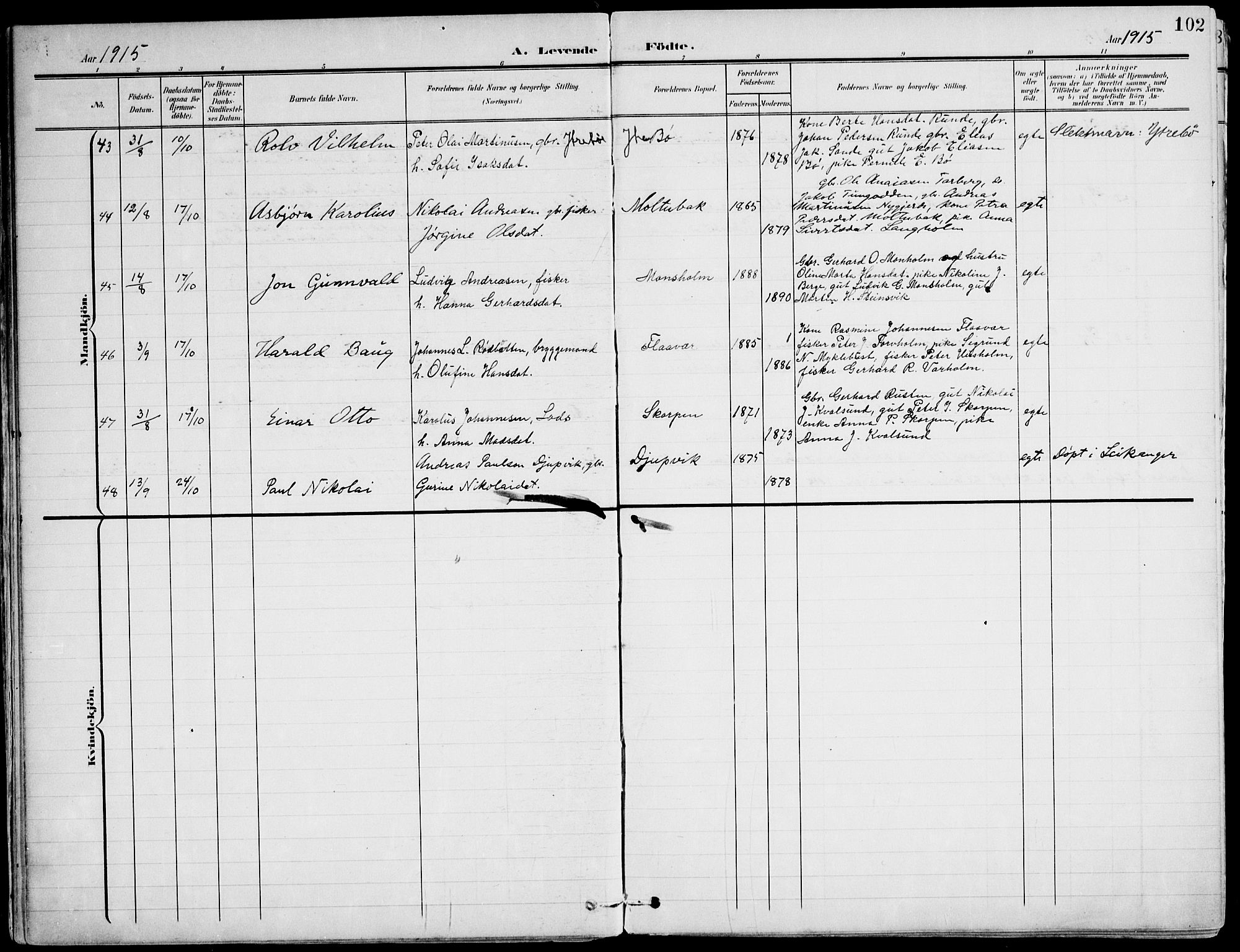 Ministerialprotokoller, klokkerbøker og fødselsregistre - Møre og Romsdal, SAT/A-1454/507/L0075: Parish register (official) no. 507A10, 1901-1920, p. 102