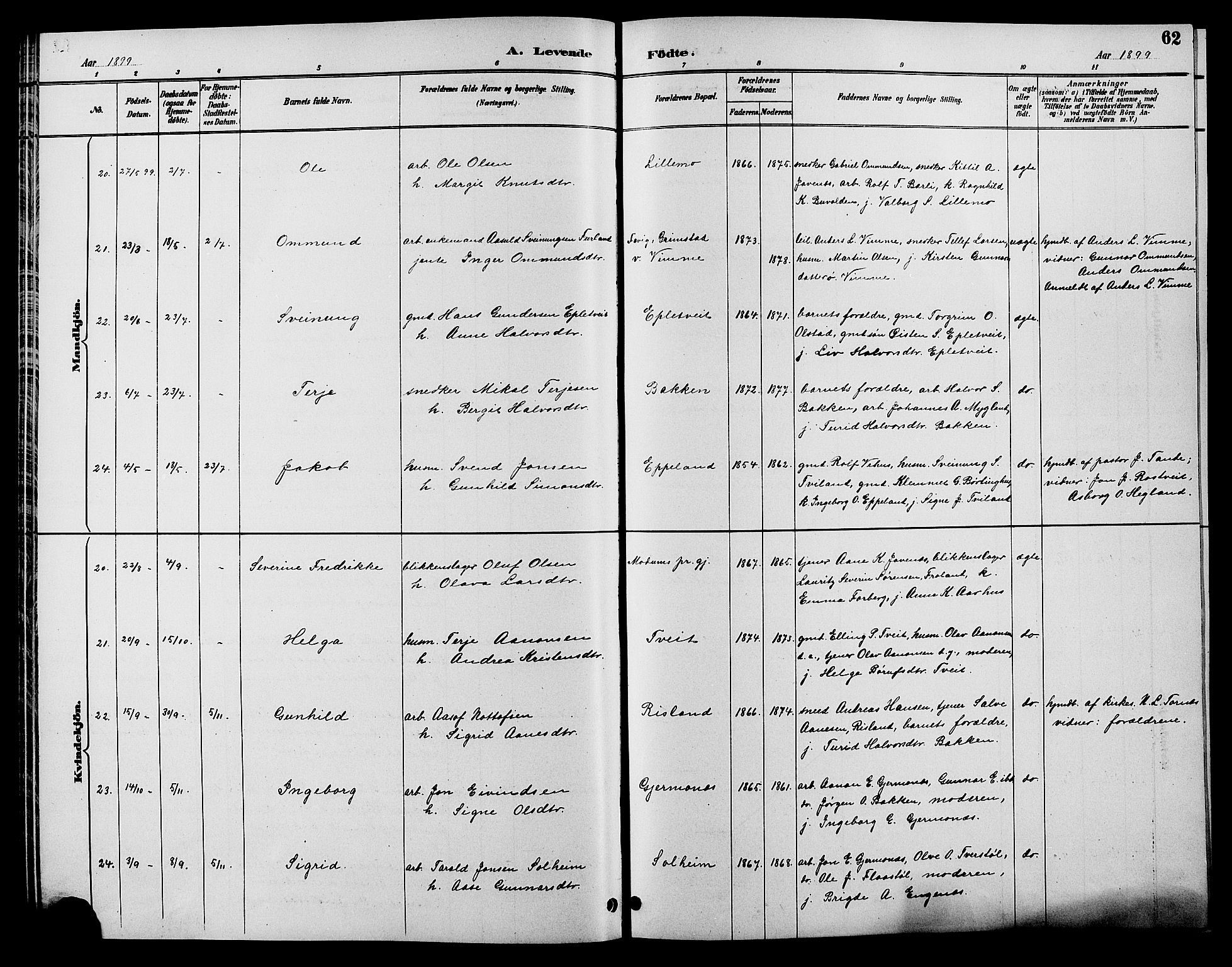 Åmli sokneprestkontor, SAK/1111-0050/F/Fb/Fbc/L0004: Parish register (copy) no. B 4, 1889-1902, p. 62