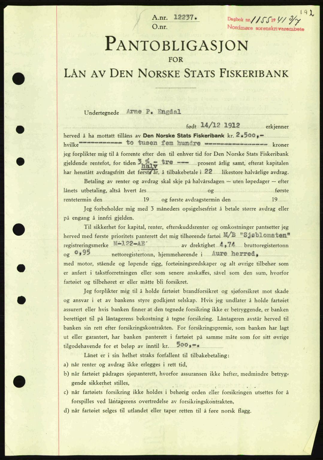 Nordmøre sorenskriveri, AV/SAT-A-4132/1/2/2Ca: Mortgage book no. B88, 1941-1942, Diary no: : 1155/1941