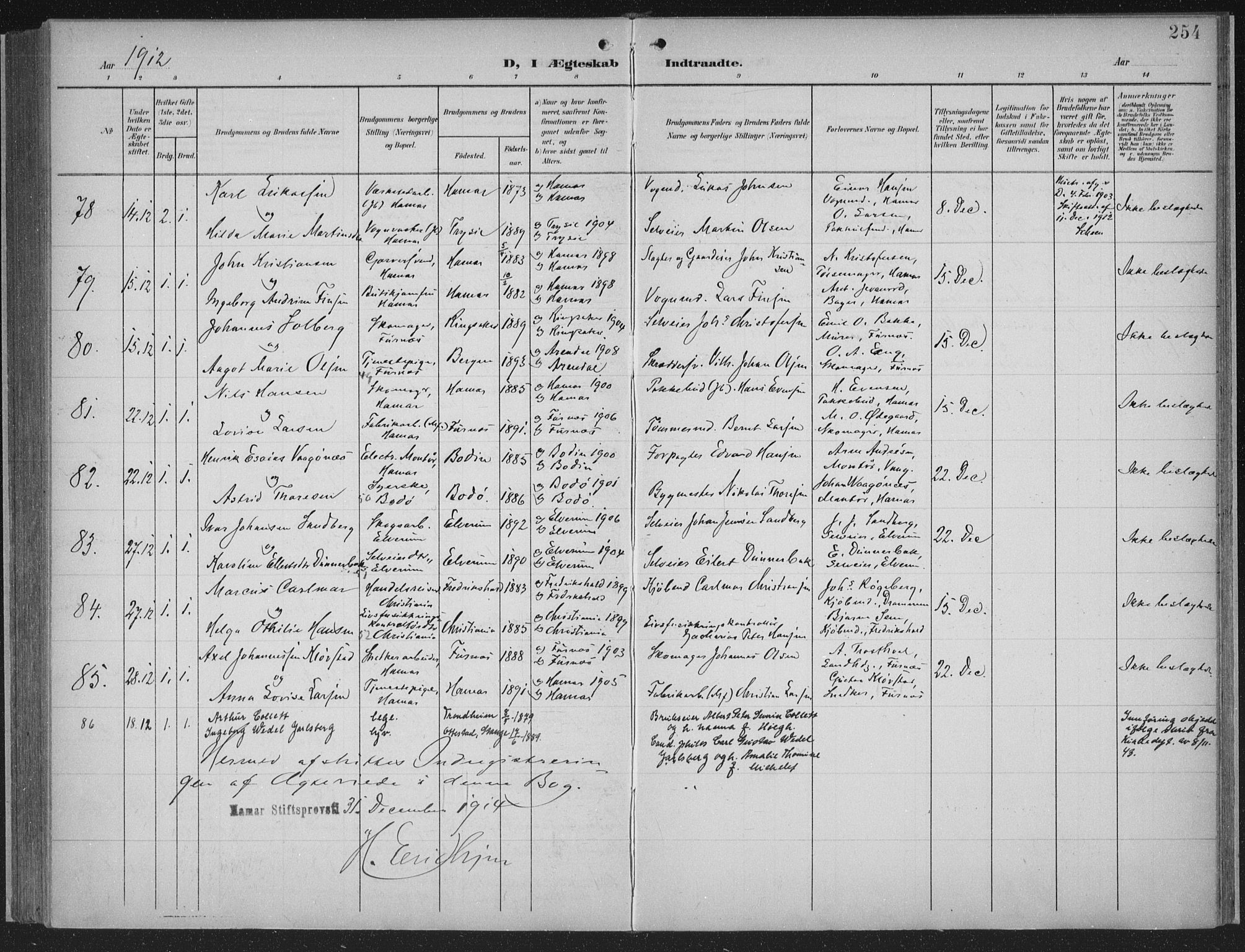 Hamar prestekontor, AV/SAH-DOMPH-002/H/Ha/Haa/L0001: Parish register (official) no. 1, 1900-1914, p. 254