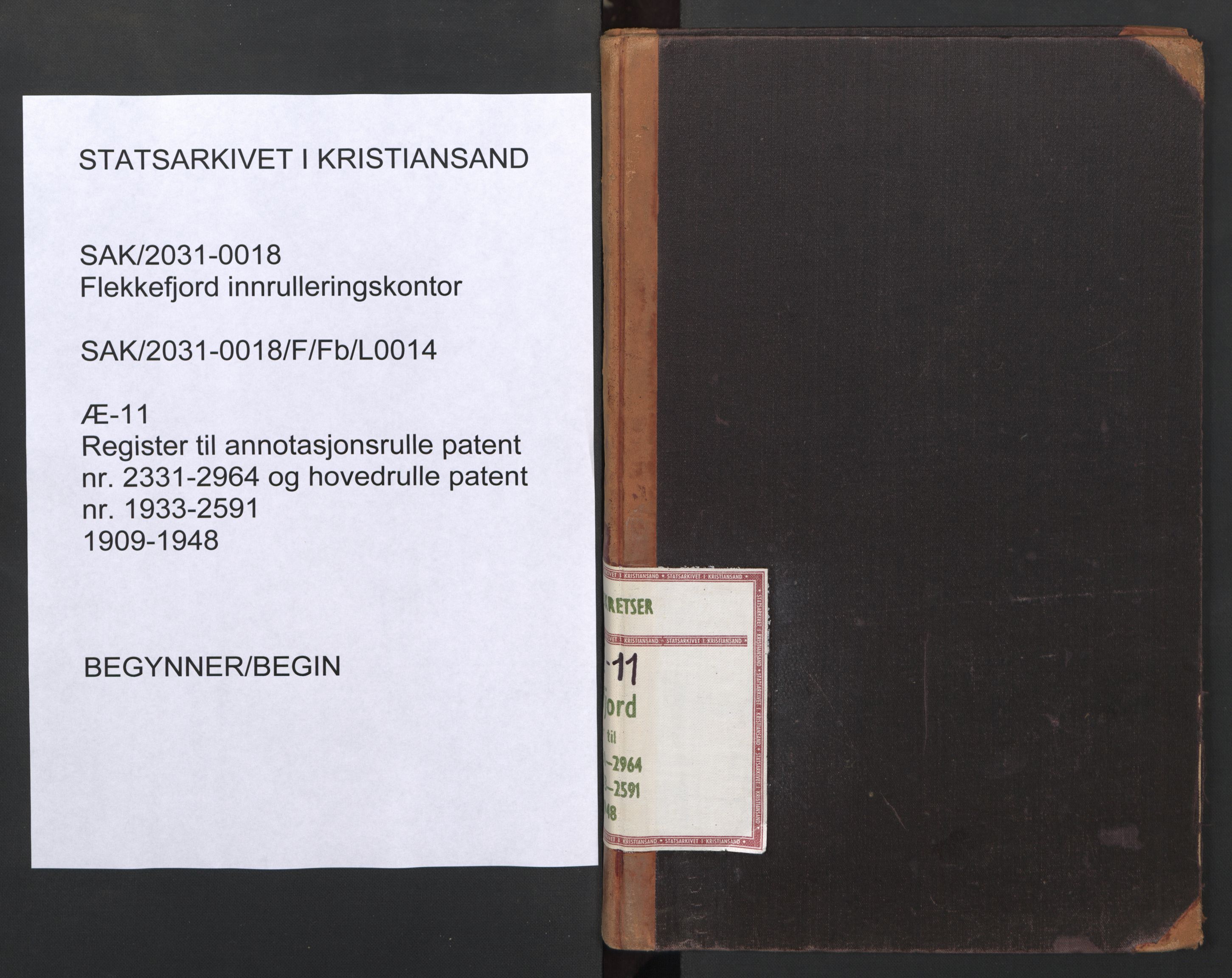 Flekkefjord mønstringskrets, SAK/2031-0018/F/Fb/L0014: Register til annotasjonsrulle nr 2331-2964 og hovedrulle nr 1933-2591, Æ-11, 1909-1948, p. 1