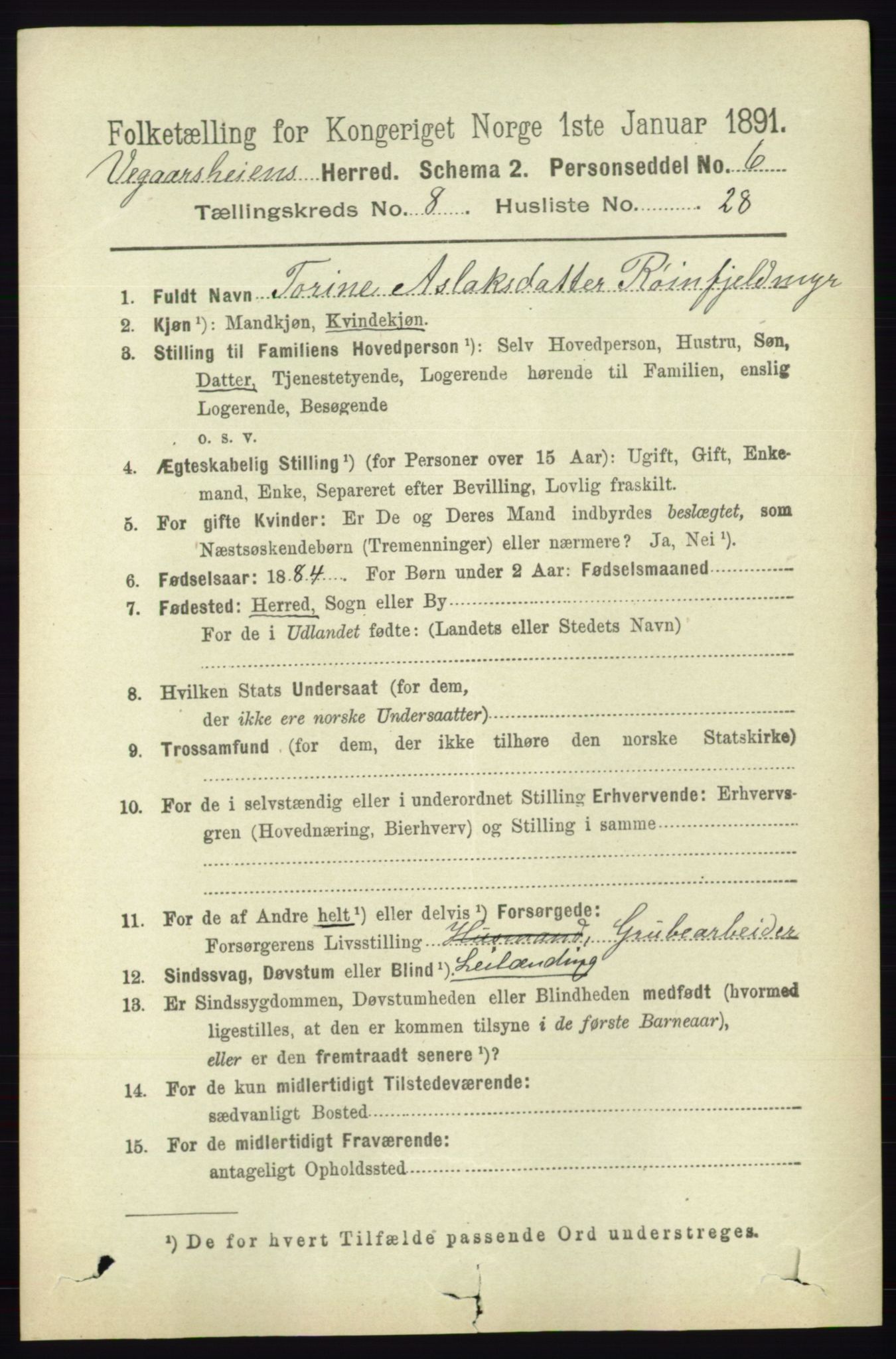 RA, 1891 census for 0912 Vegårshei, 1891, p. 1708