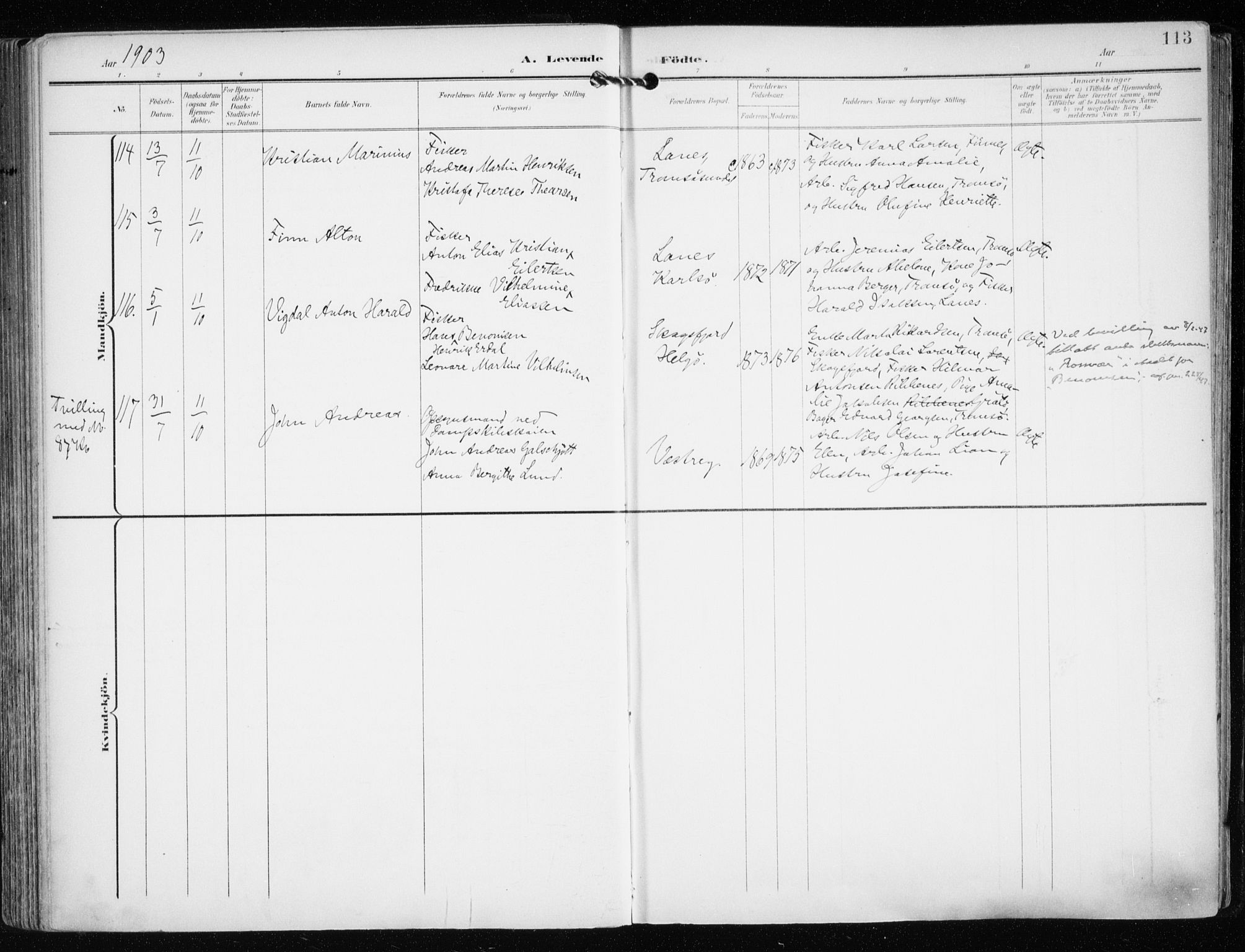 Tromsø sokneprestkontor/stiftsprosti/domprosti, AV/SATØ-S-1343/G/Ga/L0016kirke: Parish register (official) no. 16, 1899-1906, p. 113