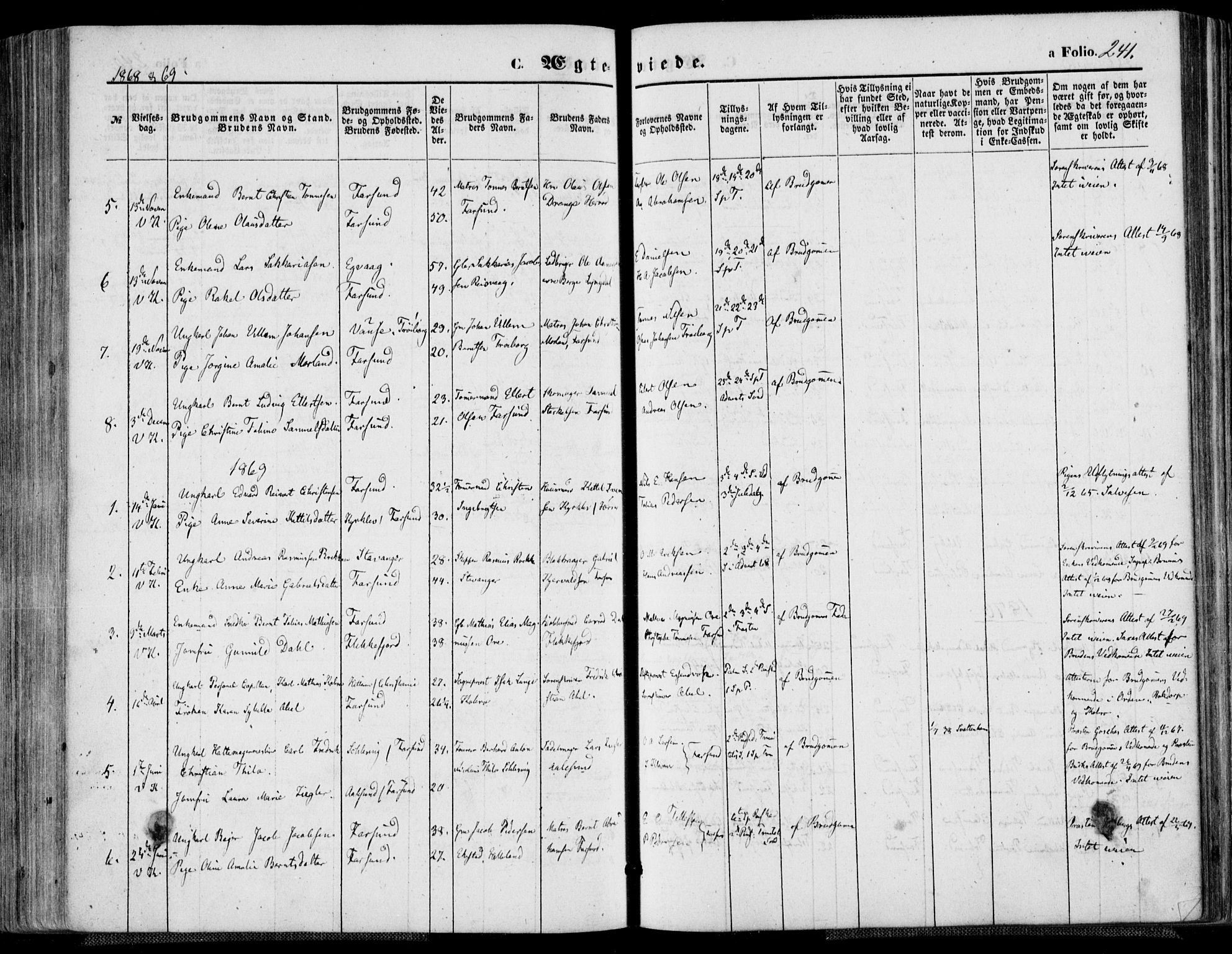Farsund sokneprestkontor, SAK/1111-0009/F/Fa/L0005: Parish register (official) no. A 5, 1863-1886, p. 241