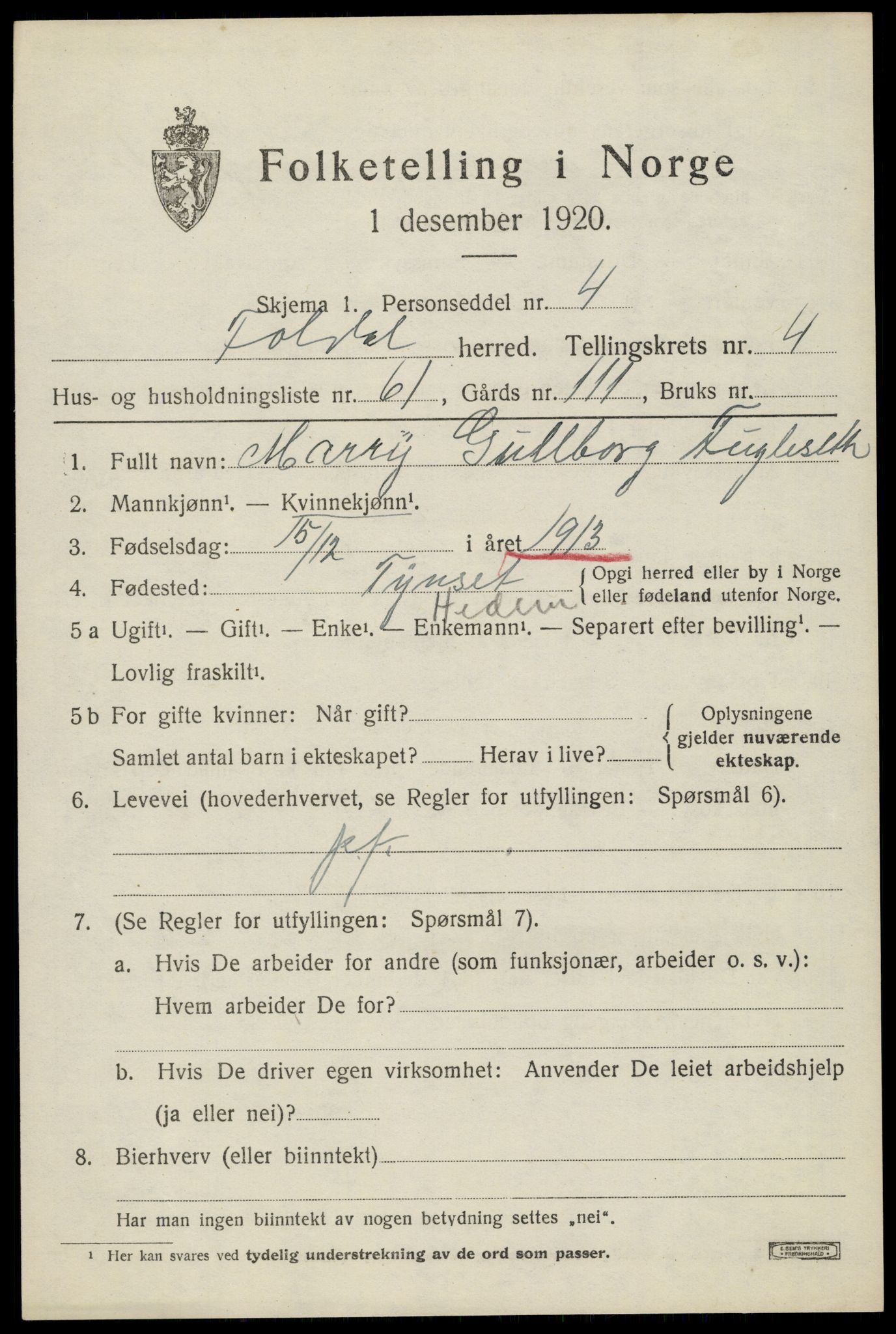 SAH, 1920 census for Folldal, 1920, p. 2979