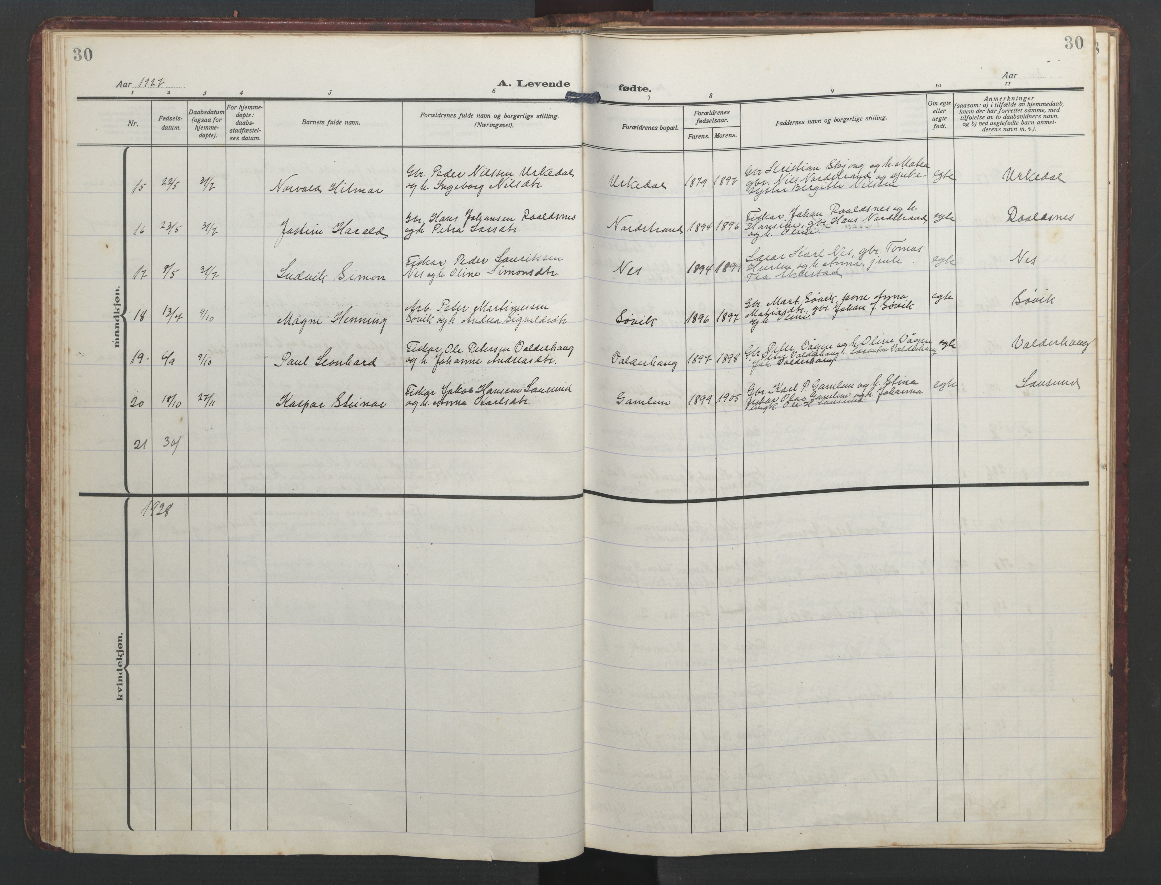 Ministerialprotokoller, klokkerbøker og fødselsregistre - Møre og Romsdal, SAT/A-1454/526/L0384: Parish register (copy) no. 526C01, 1917-1952, p. 30